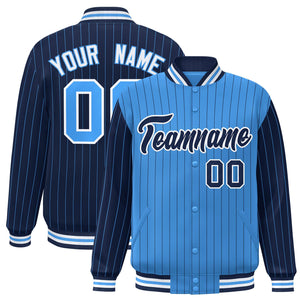 Custom Powder Blue Navy Raglan Sleeves Varsity Full-Snap Pinstripe Letterman Baseball Jacket