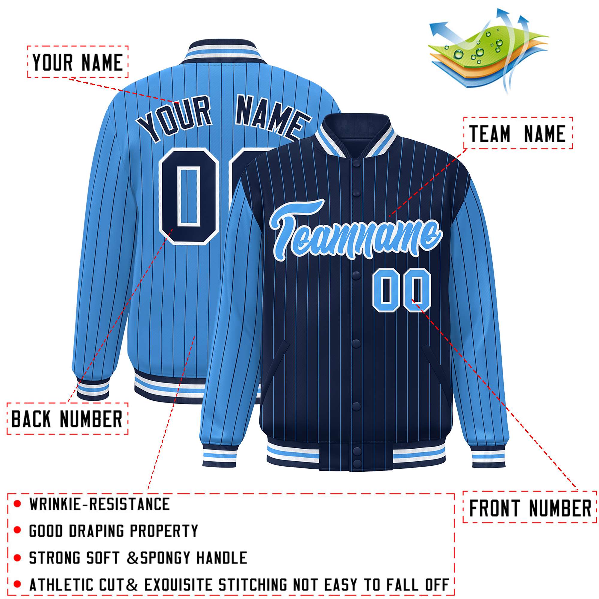 Custom Navy Powder Blue Raglan Sleeves Varsity Full-Snap Pinstripe Letterman Baseball Jacket