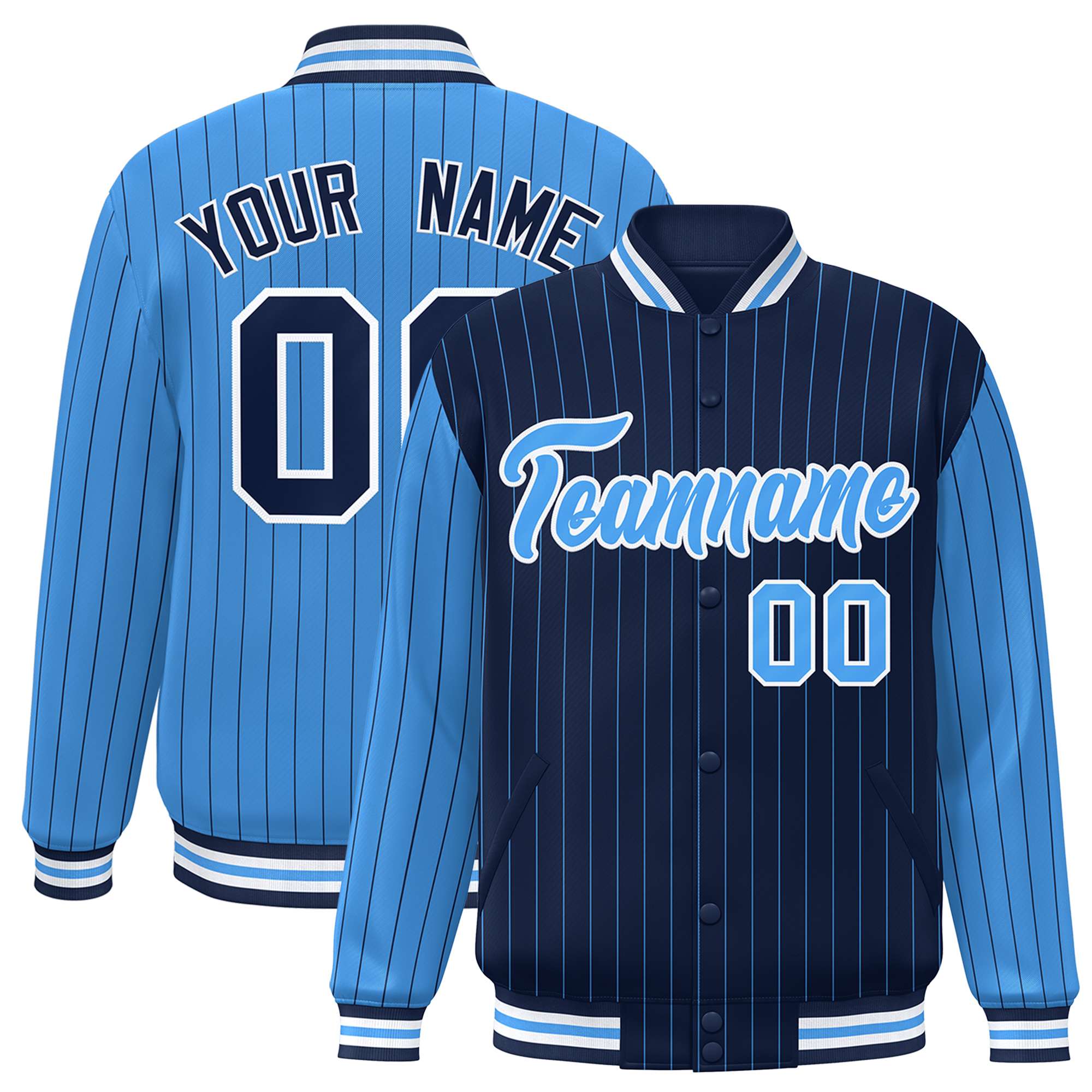 Custom Navy Powder Blue Raglan Sleeves Varsity Full-Snap Pinstripe Letterman Baseball Jacket