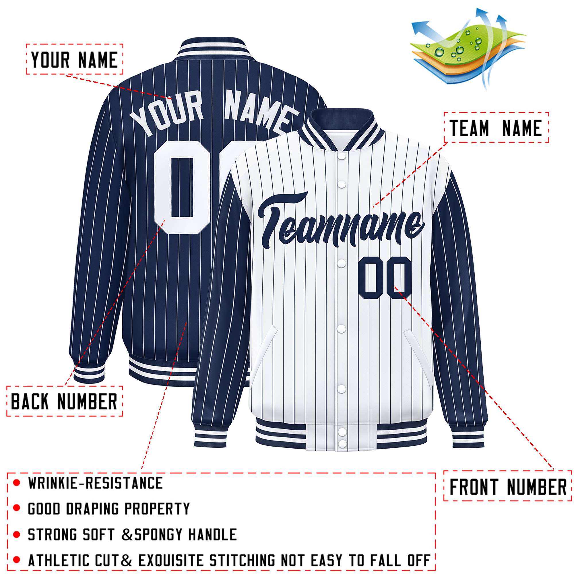 Custom White Navy Raglan Sleeves Varsity Full-Snap Pinstripe Letterman Baseball Jacket