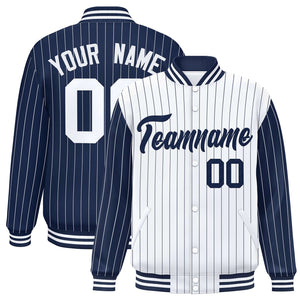 Custom White Navy Raglan Sleeves Varsity Full-Snap Pinstripe Letterman Baseball Jacket