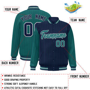 Custom Navy Aqua Raglan Sleeves Varsity Full-Snap Pinstripe Letterman Baseball Jacket