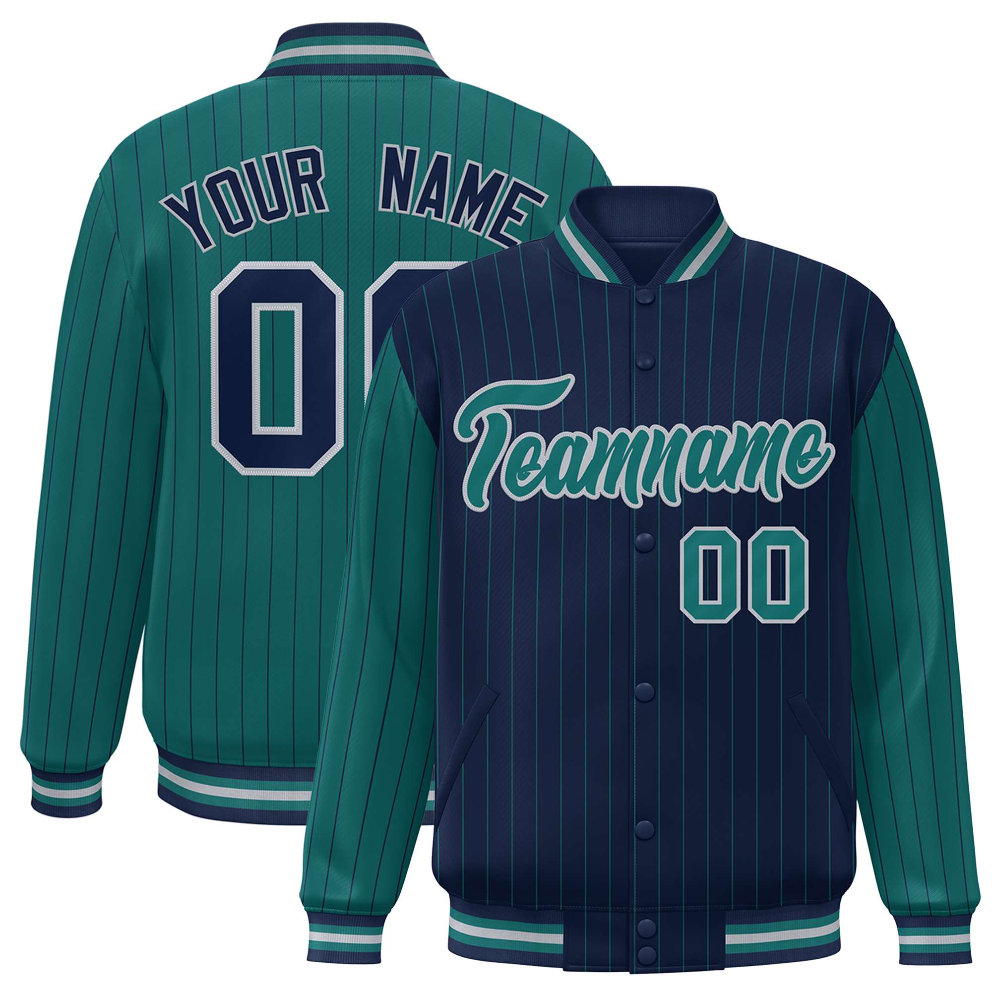 Custom Navy Aqua Raglan Sleeves Varsity Full-Snap Pinstripe Letterman Baseball Jacket