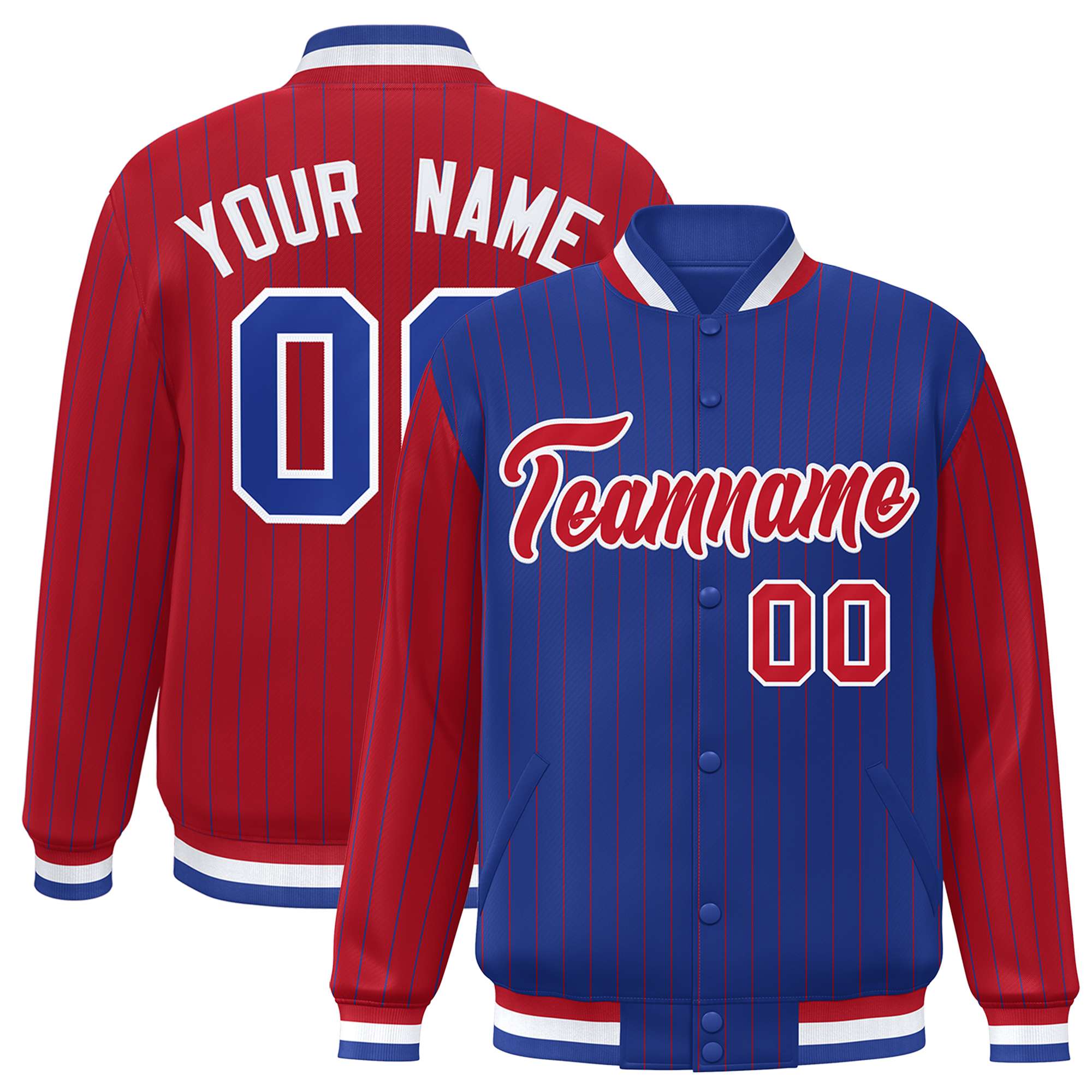 Custom Royal Red Raglan Sleeves Varsity Full-Snap Pinstripe Letterman Baseball Jacket