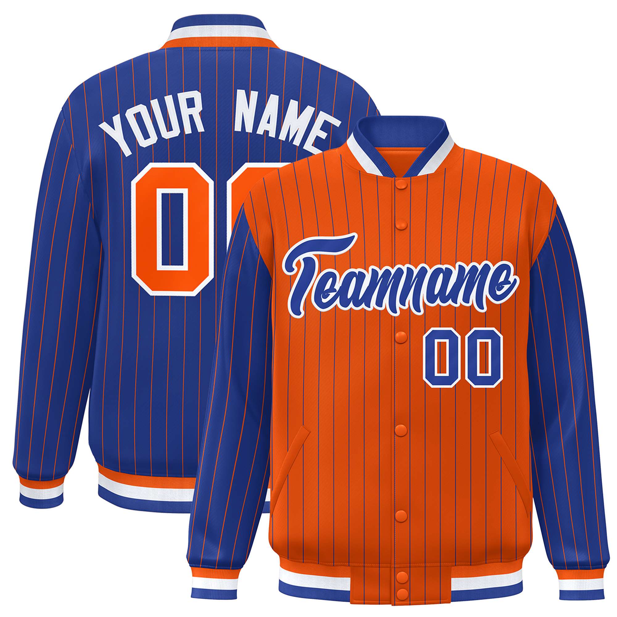 Custom Orange Royal Raglan Sleeves Varsity Full-Snap Pinstripe Letterman Baseball Jacket