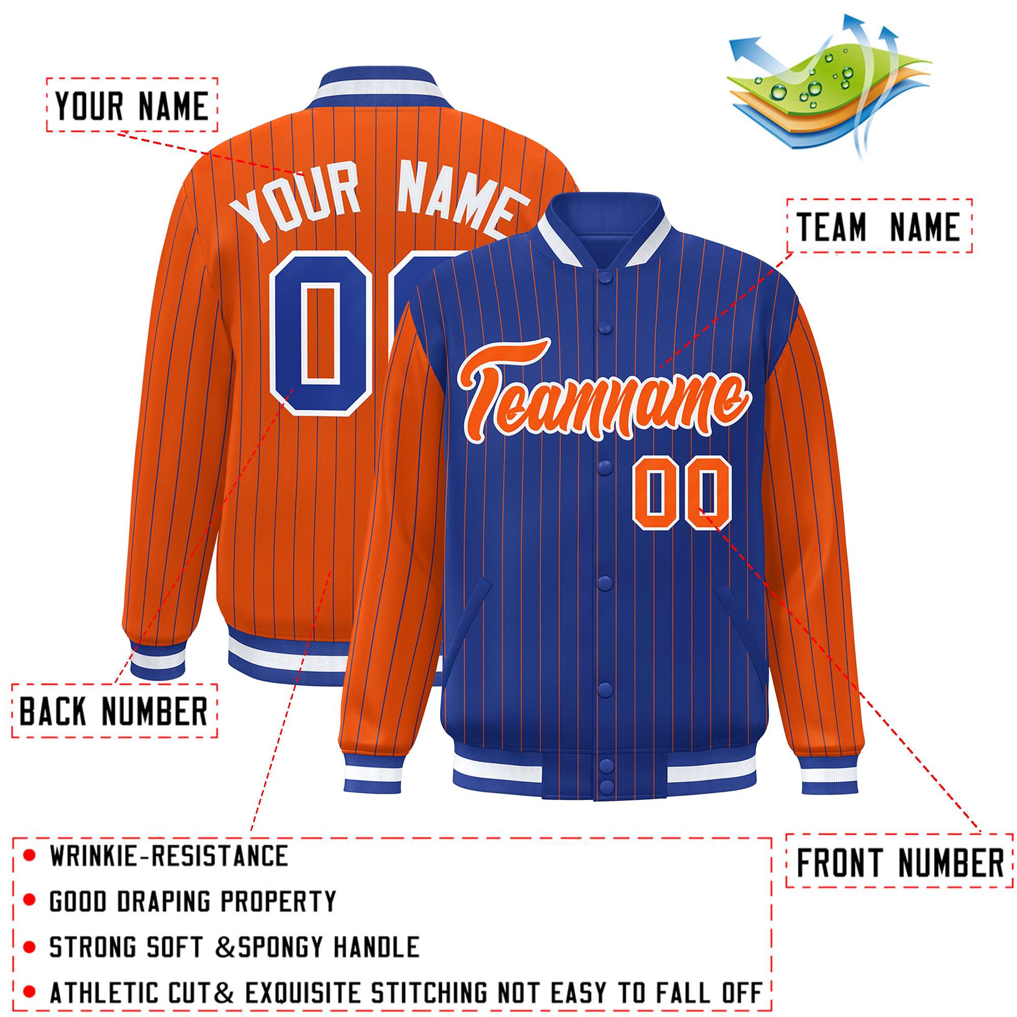 Custom Royal Orange Raglan Sleeves Varsity Full-Snap Pinstripe Letterman Baseball Jacket