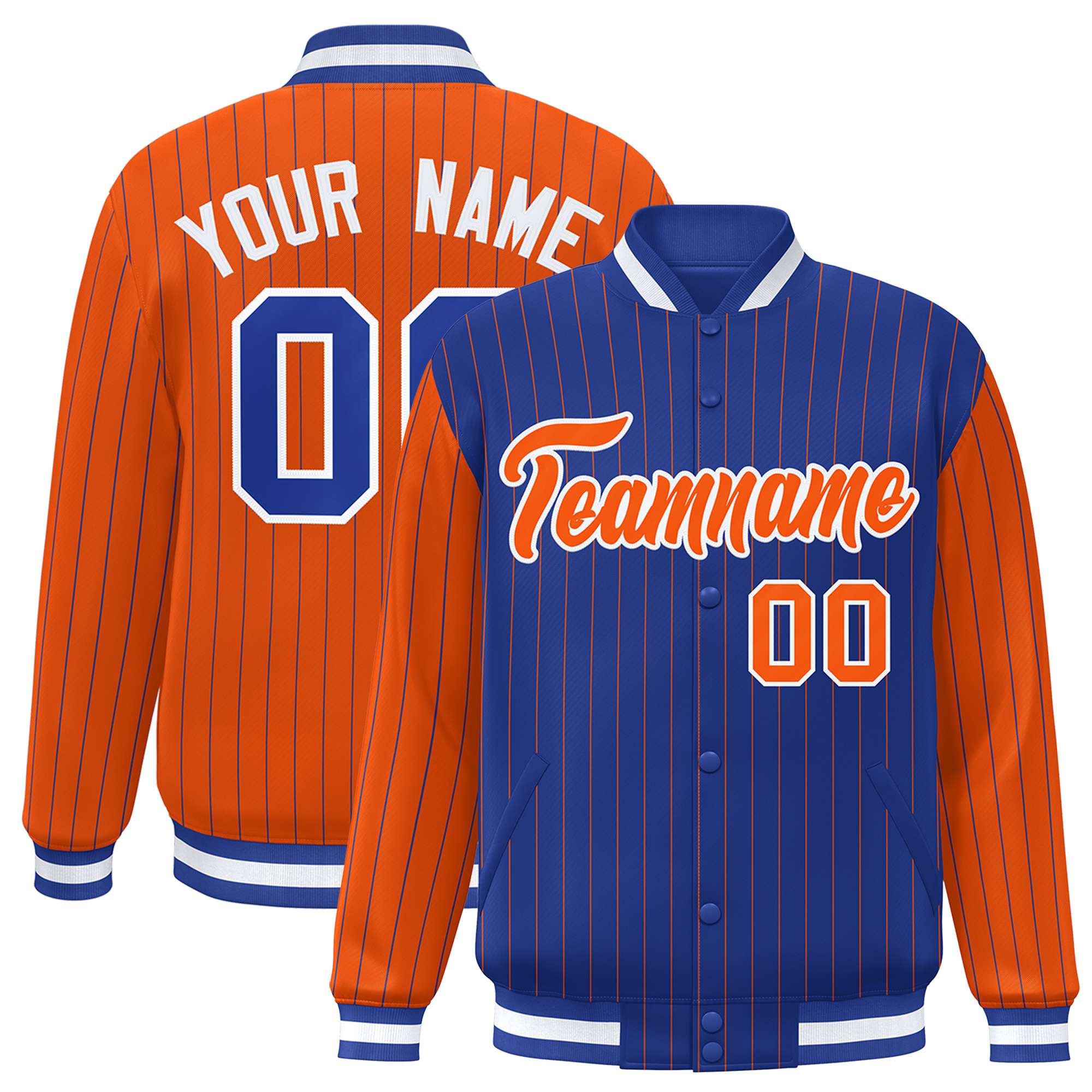 Custom Royal Orange Raglan Sleeves Varsity Full-Snap Pinstripe Letterman Baseball Jacket