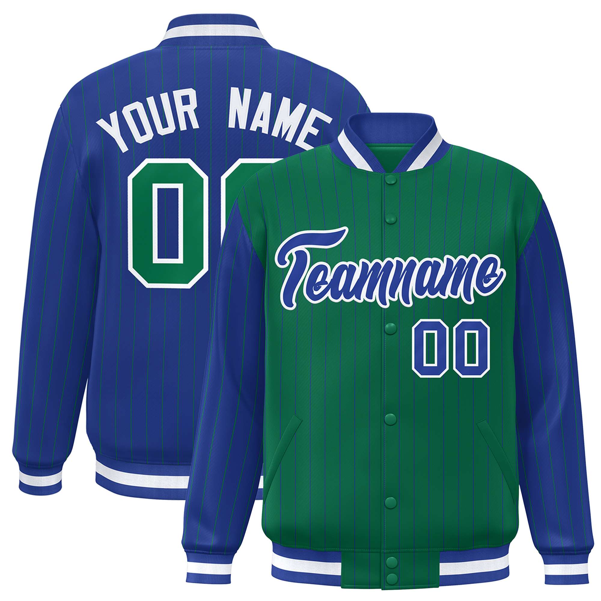 Custom Kelly Green Royal Raglan Sleeves Varsity Full-Snap Pinstripe Letterman Baseball Jacket