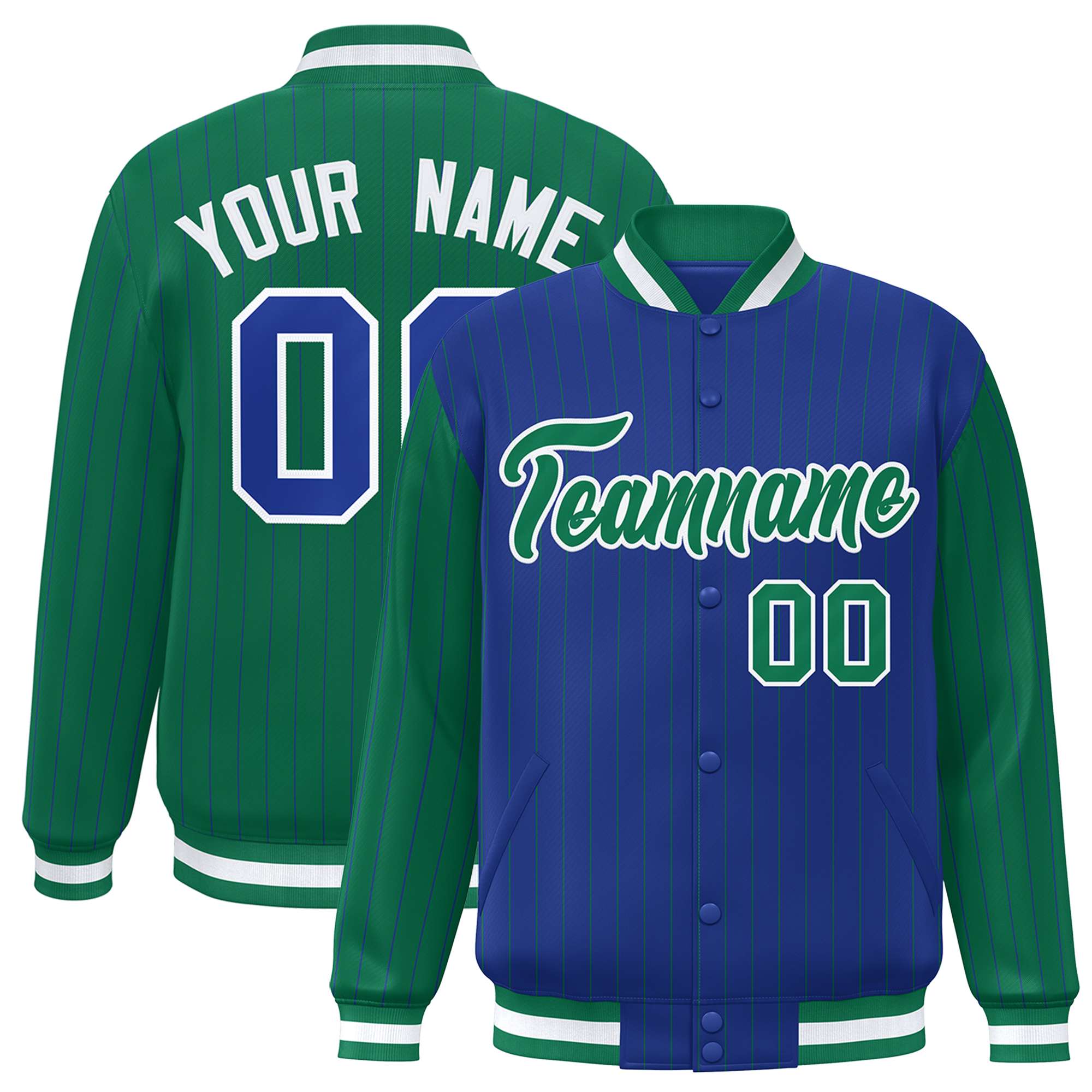 Custom Royal Kelly Green Raglan Sleeves Varsity Full-Snap Pinstripe Letterman Baseball Jacket