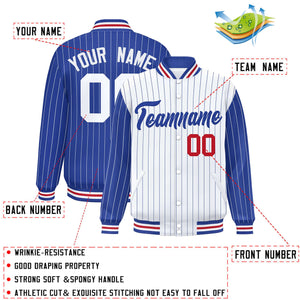 Custom White Royal Raglan Sleeves Varsity Full-Snap Pinstripe Letterman Baseball Jacket