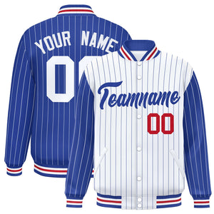 Custom White Royal Raglan Sleeves Varsity Full-Snap Pinstripe Letterman Baseball Jacket