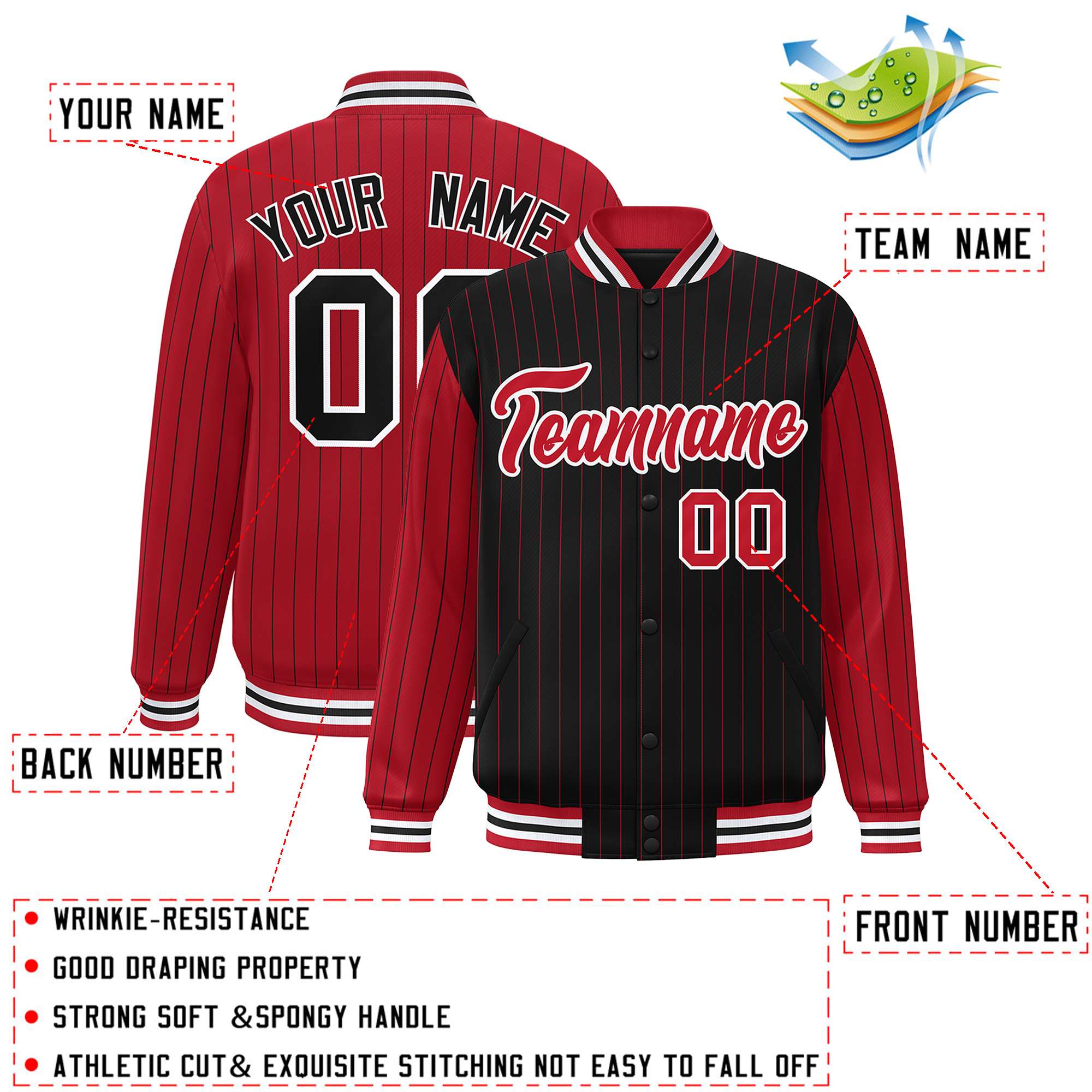 Custom Black Red Raglan Sleeves Varsity Full-Snap Pinstripe Letterman Baseball Jacket