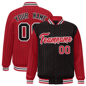 Custom Black Red Raglan Sleeves Varsity Full-Snap Pinstripe Letterman Baseball Jacket