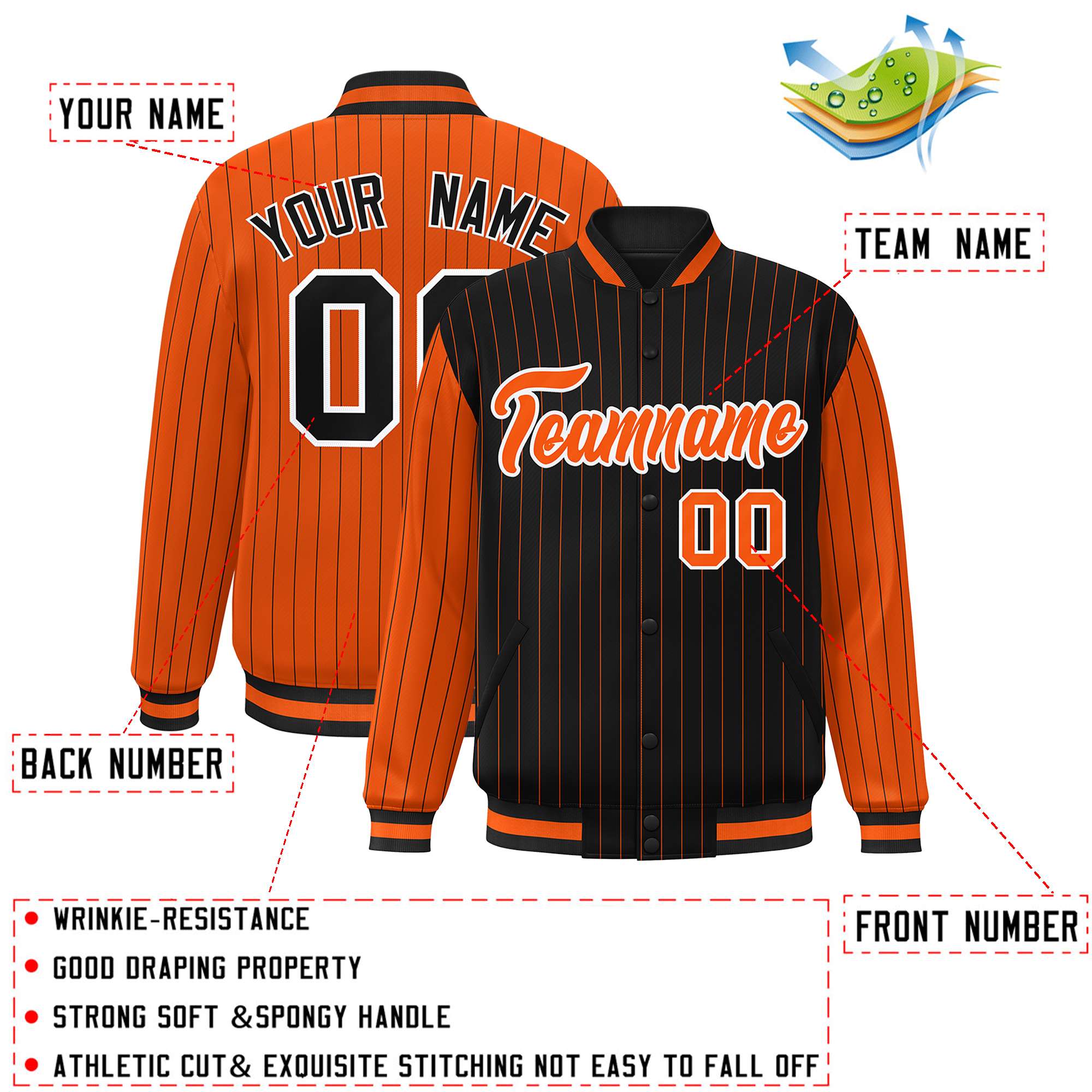 Custom Black Orange Raglan Sleeves Varsity Full-Snap Pinstripe Letterman Baseball Jacket