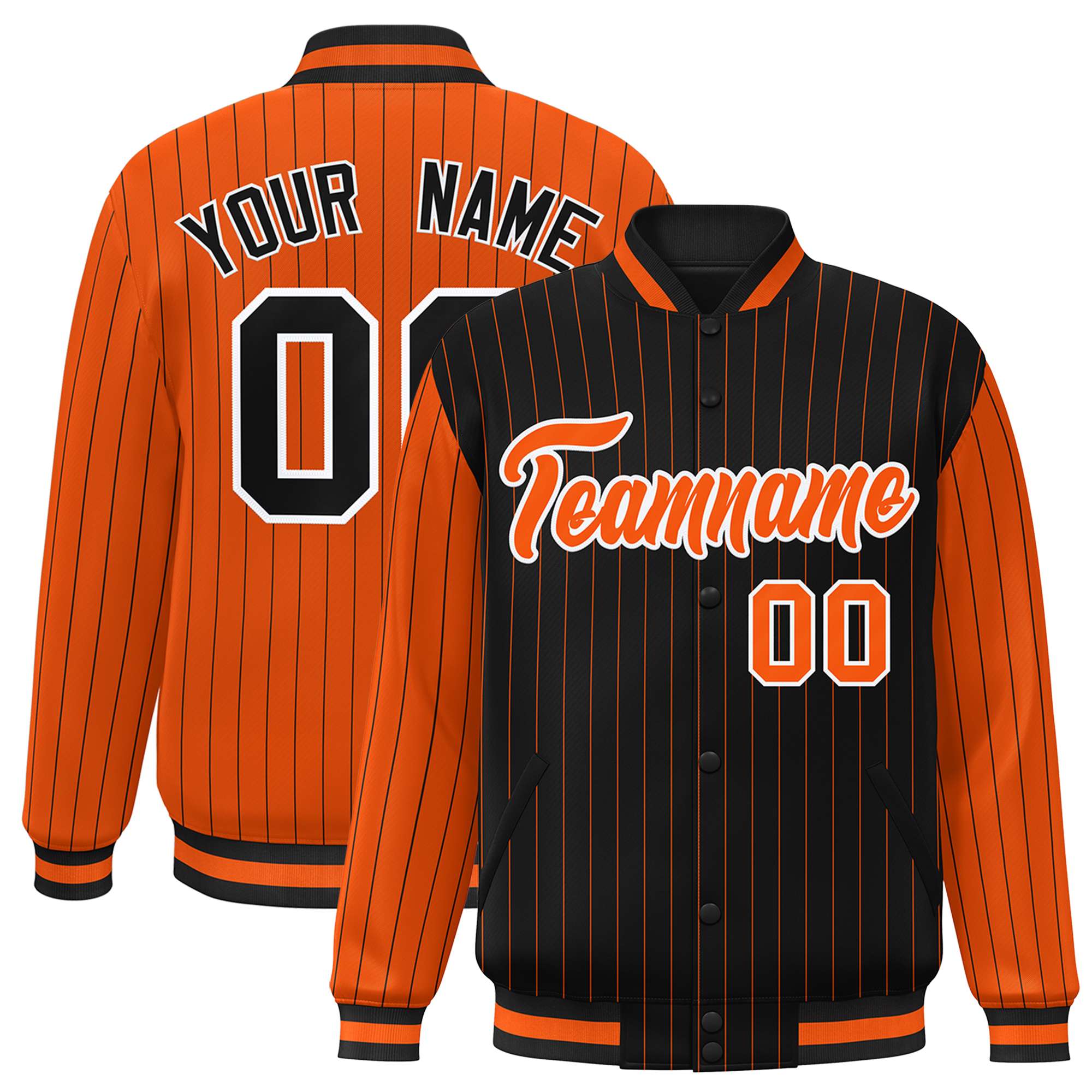 Custom Black Orange Raglan Sleeves Varsity Full-Snap Pinstripe Letterman Baseball Jacket