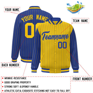 Custom Gold Royal Raglan Sleeves Varsity Full-Snap Pinstripe Letterman Baseball Jacket