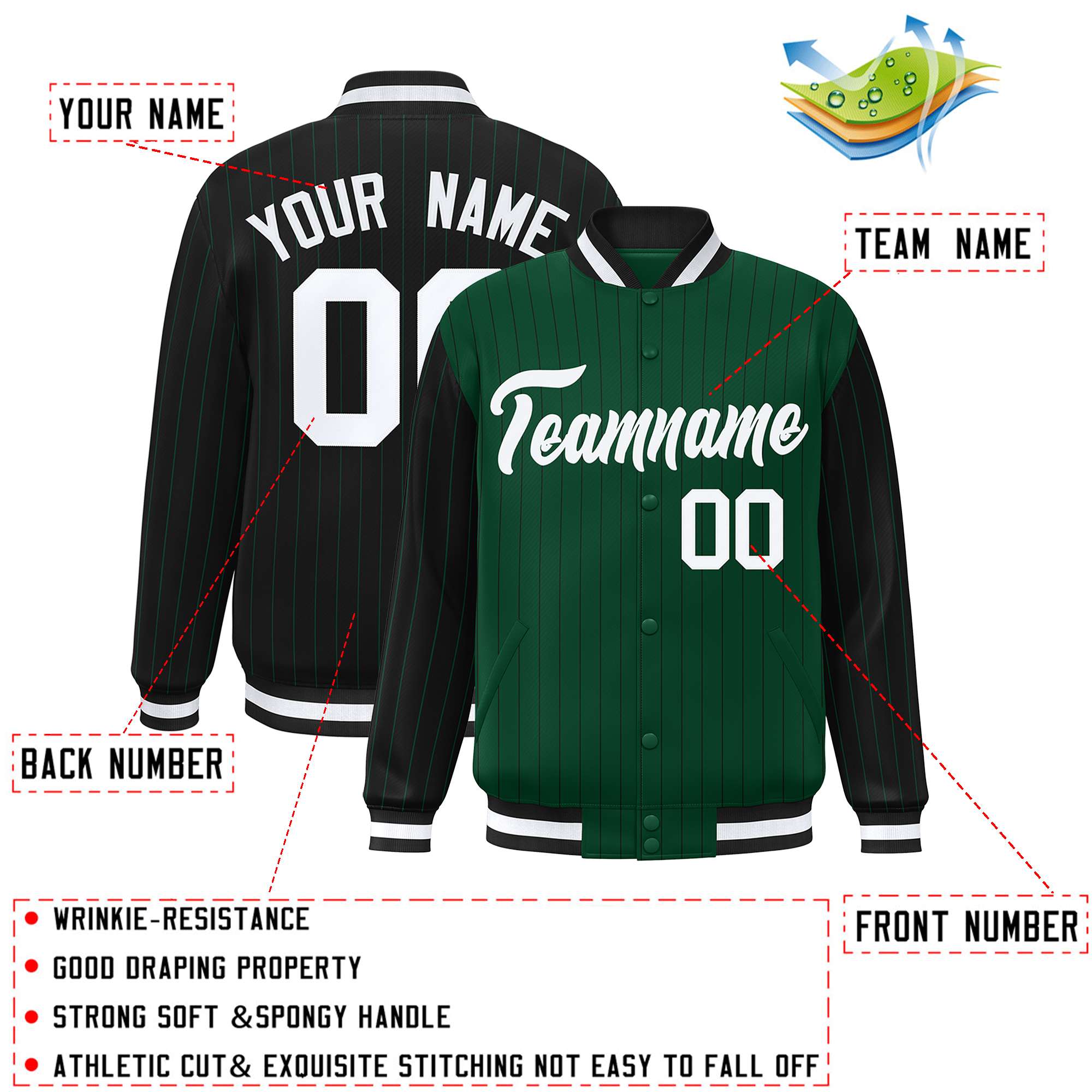 Custom Green Black Raglan Sleeves Varsity Full-Snap Pinstripe Letterman Baseball Jacket