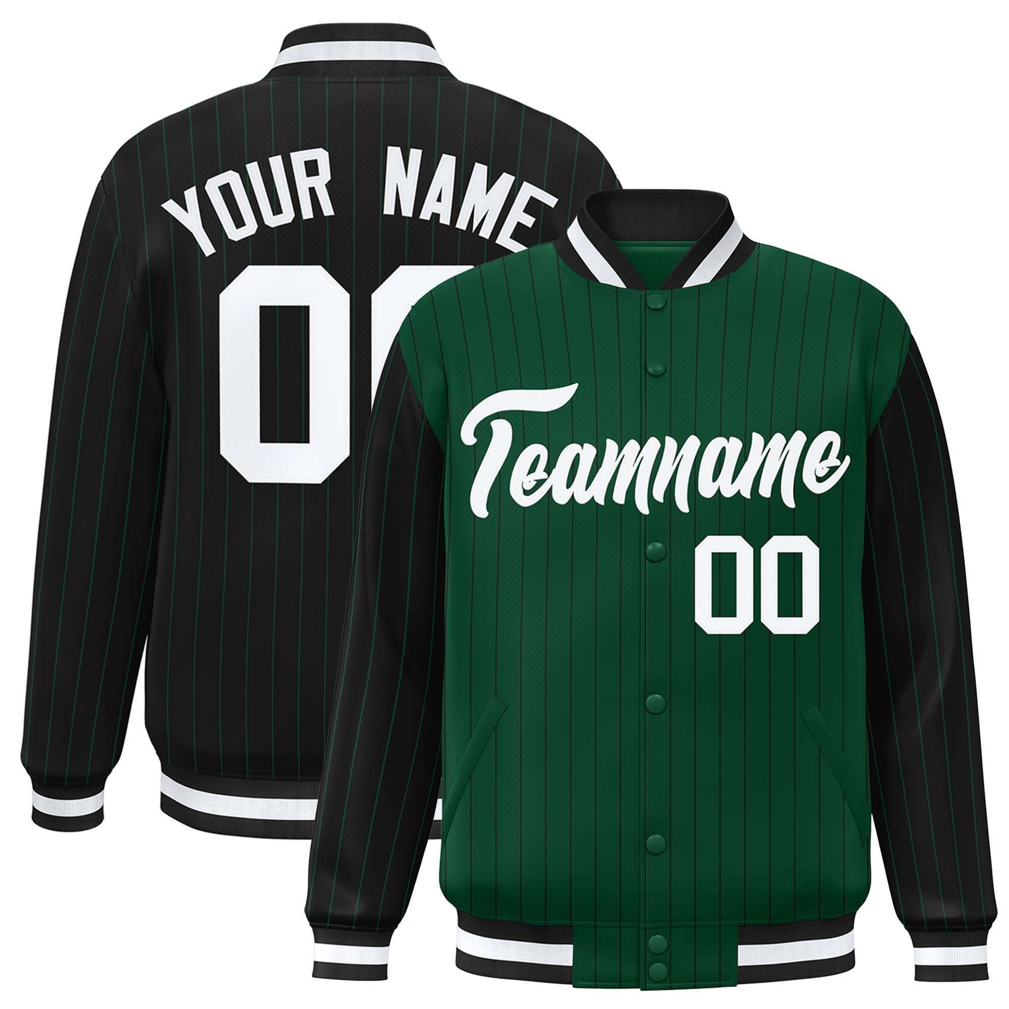 Custom Green Black Raglan Sleeves Varsity Full-Snap Pinstripe Letterman Baseball Jacket