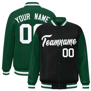 Custom Black Green Raglan Sleeves Varsity Full-Snap Pinstripe Letterman Baseball Jacket