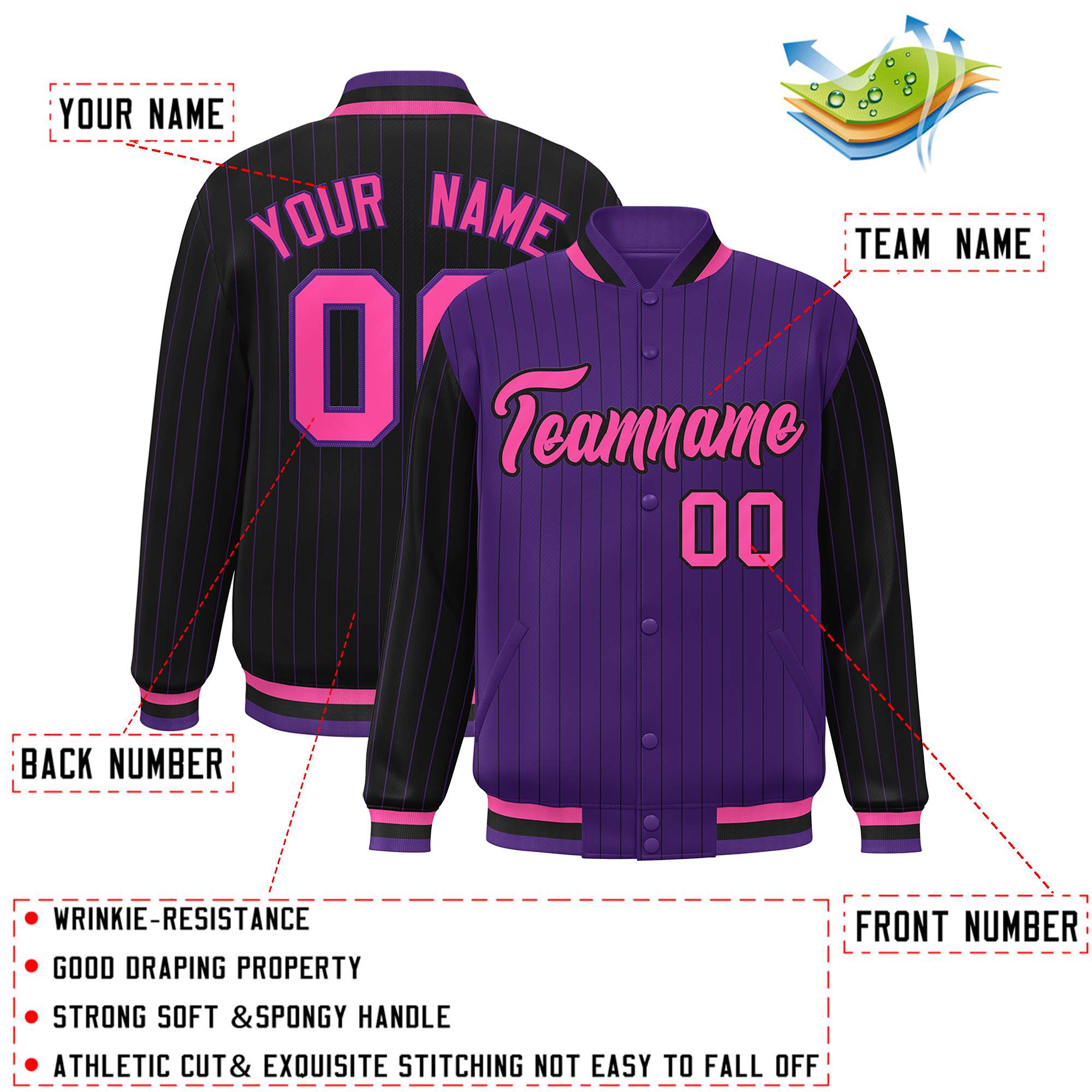 Custom Purple Black Raglan Sleeves Varsity Full-Snap Pinstripe Letterman Baseball Jacket