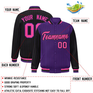 Custom Purple Black Raglan Sleeves Varsity Full-Snap Pinstripe Letterman Baseball Jacket