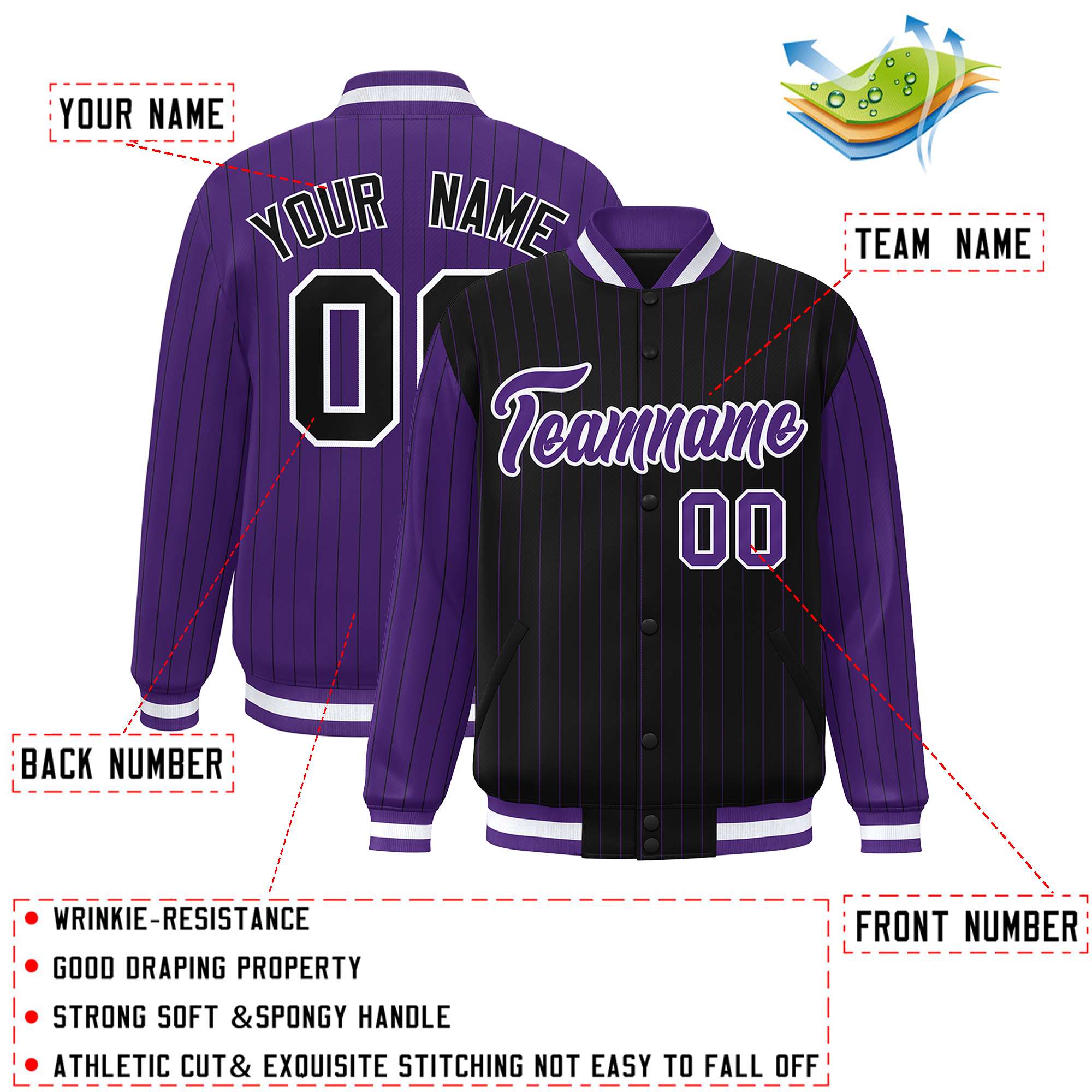 Custom Black Purple Raglan Sleeves Varsity Full-Snap Pinstripe Letterman Baseball Jacket