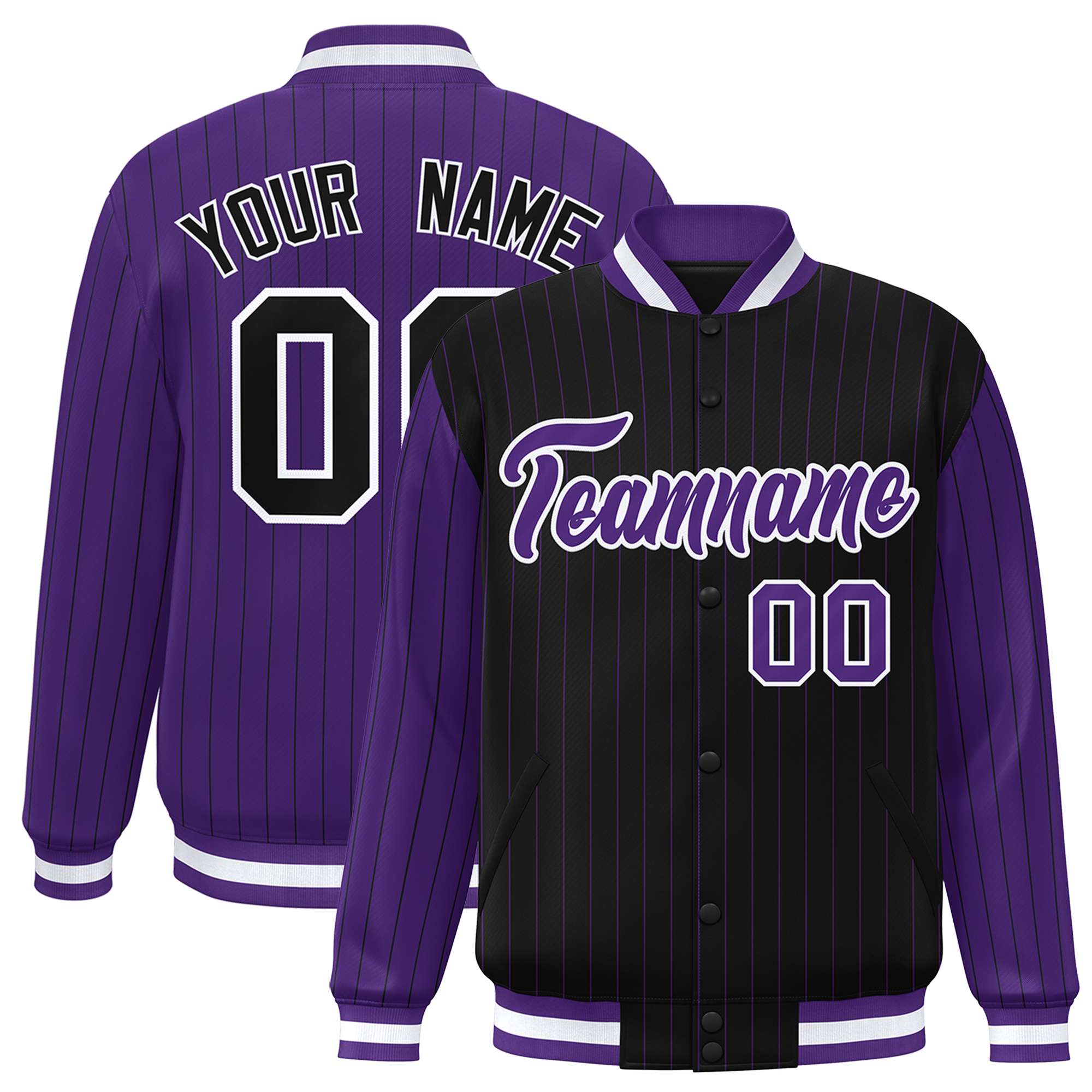 Custom Black Purple Raglan Sleeves Varsity Full-Snap Pinstripe Letterman Baseball Jacket