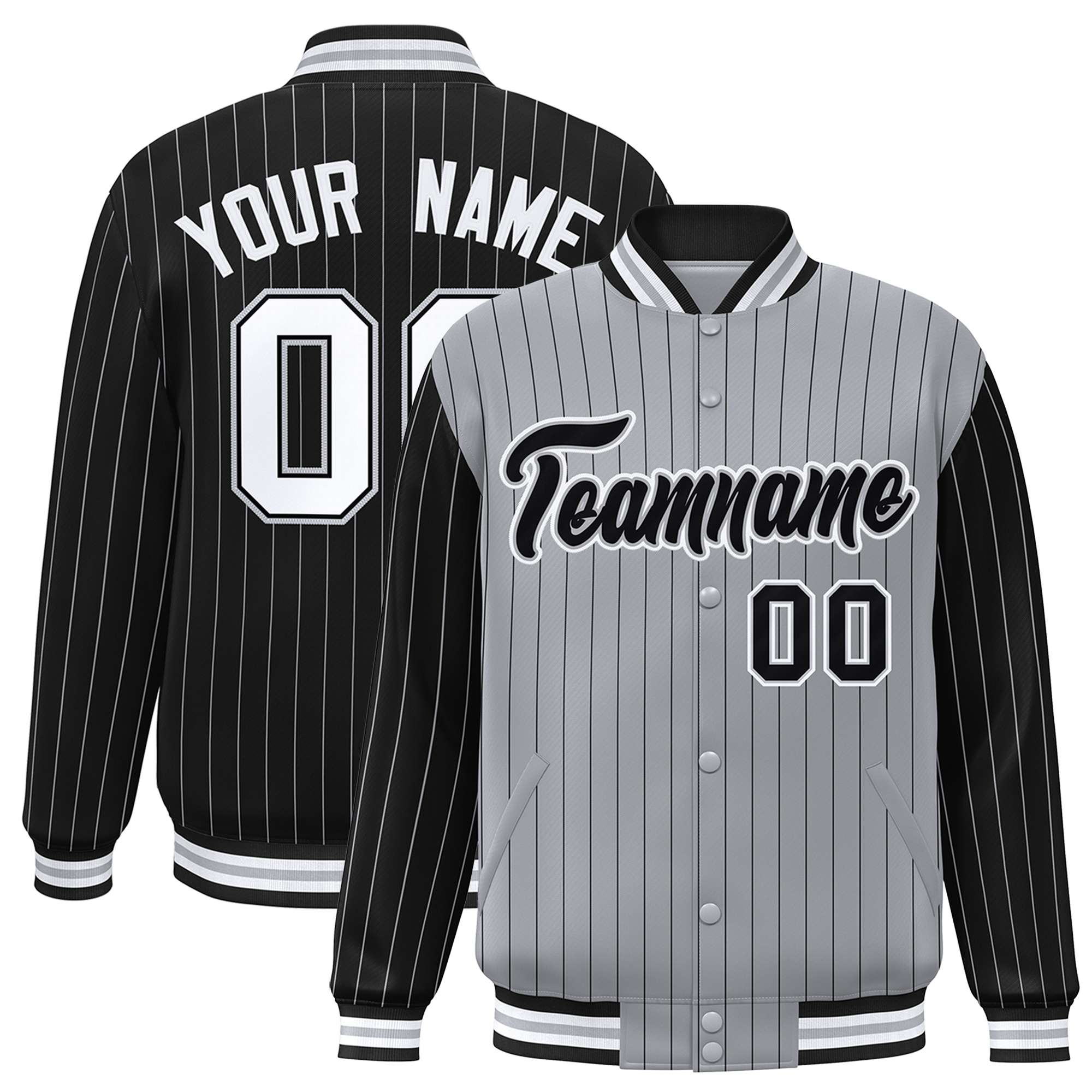 Custom Gray Black Raglan Sleeves Varsity Full-Snap Pinstripe Letterman Baseball Jacket