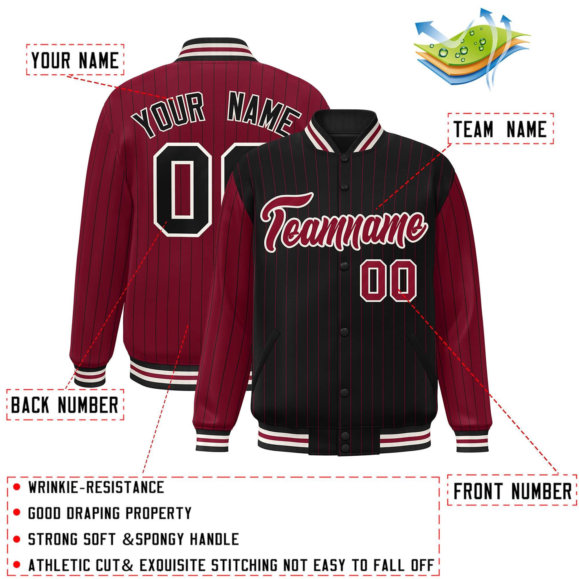 Custom Black Crimson Raglan Sleeves Varsity Full-Snap Pinstripe Letterman Baseball Jacket