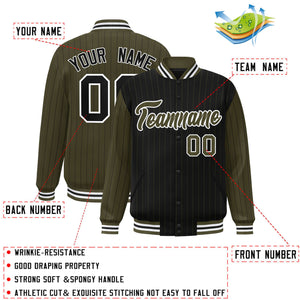 Custom Black Olive Raglan Sleeves Varsity Full-Snap Pinstripe Letterman Baseball Jacket