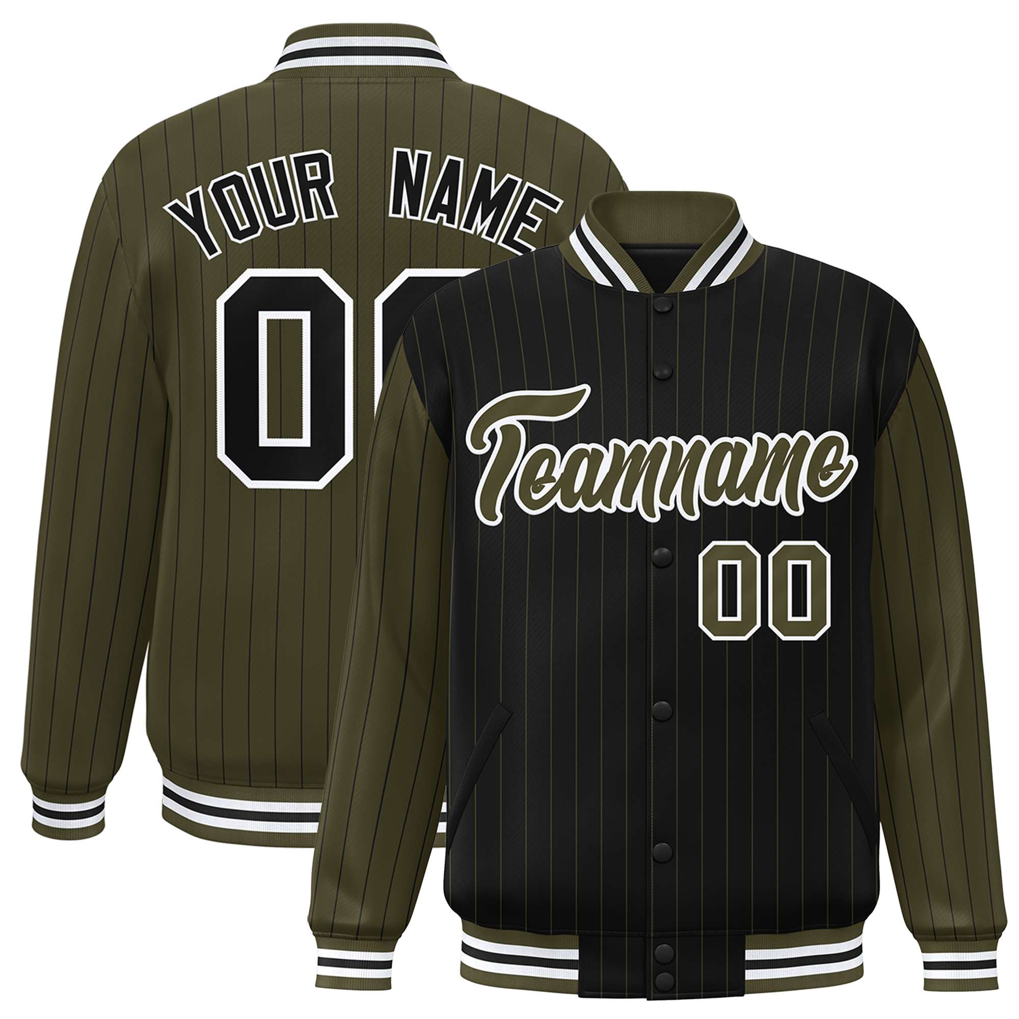 Custom Black Olive Raglan Sleeves Varsity Full-Snap Pinstripe Letterman Baseball Jacket