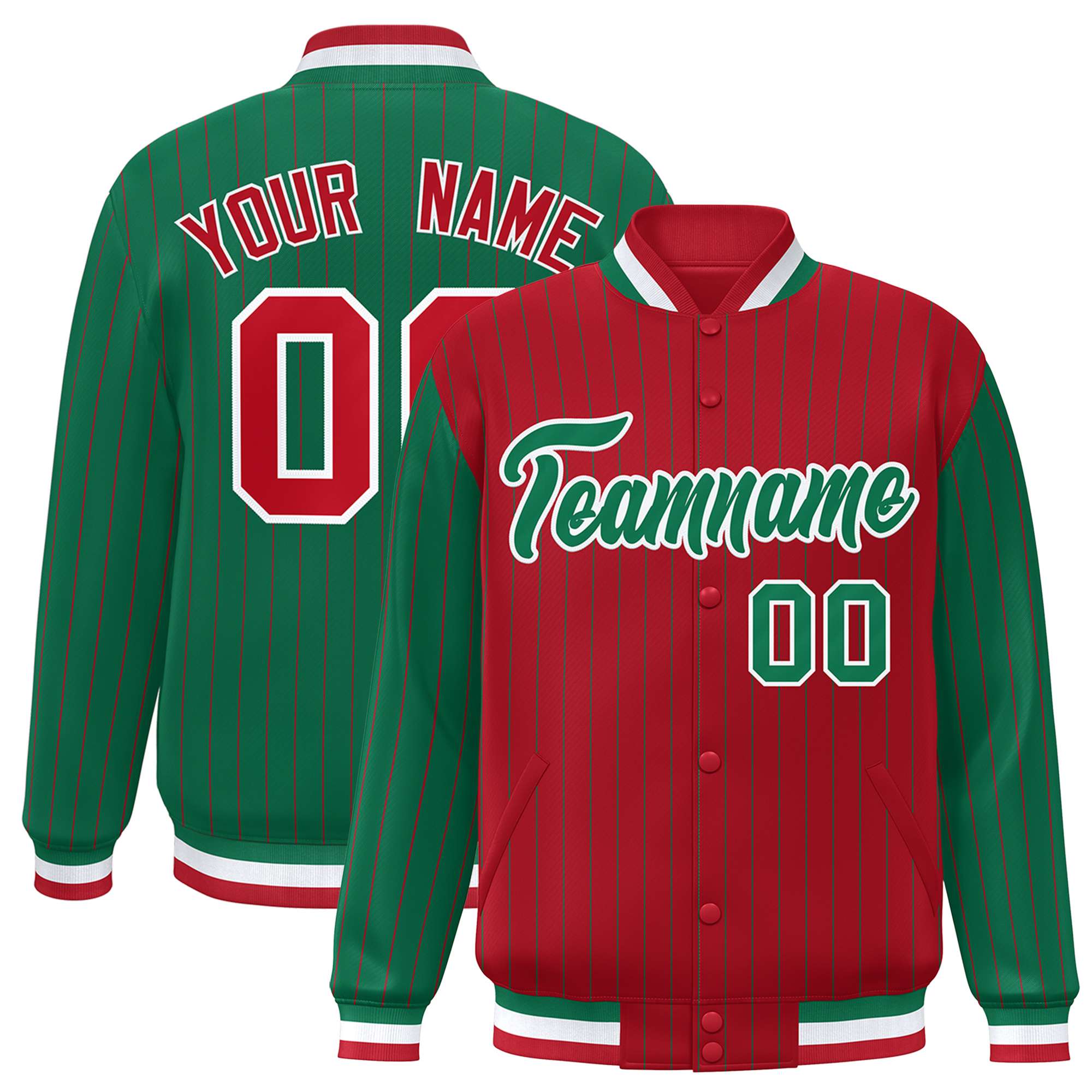 Custom Red Kelly Green Raglan Sleeves Varsity Full-Snap Pinstripe Letterman Baseball Jacket