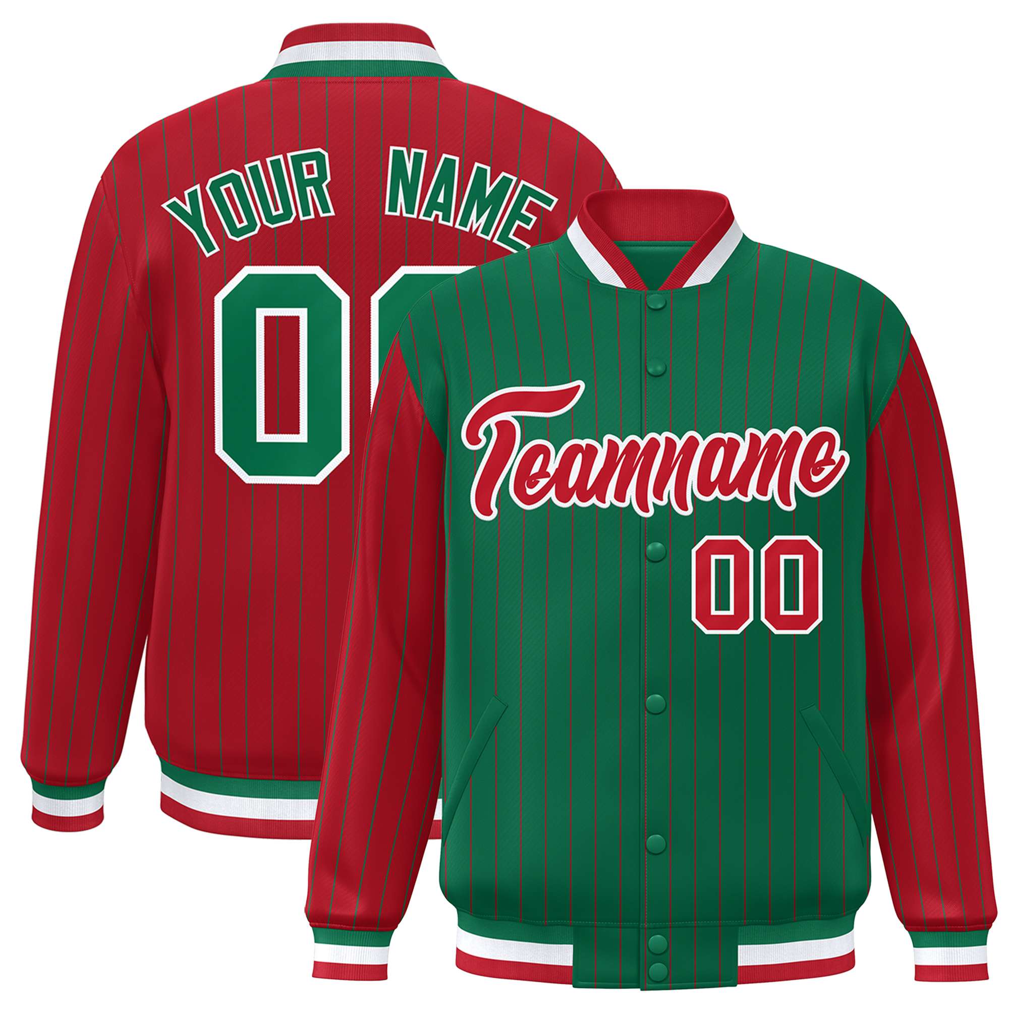 Custom Kelly Green Red Raglan Sleeves Varsity Full-Snap Pinstripe Letterman Baseball Jacket