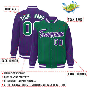 Custom Kelly Green Purple Raglan Sleeves Varsity Full-Snap Pinstripe Letterman Baseball Jacket