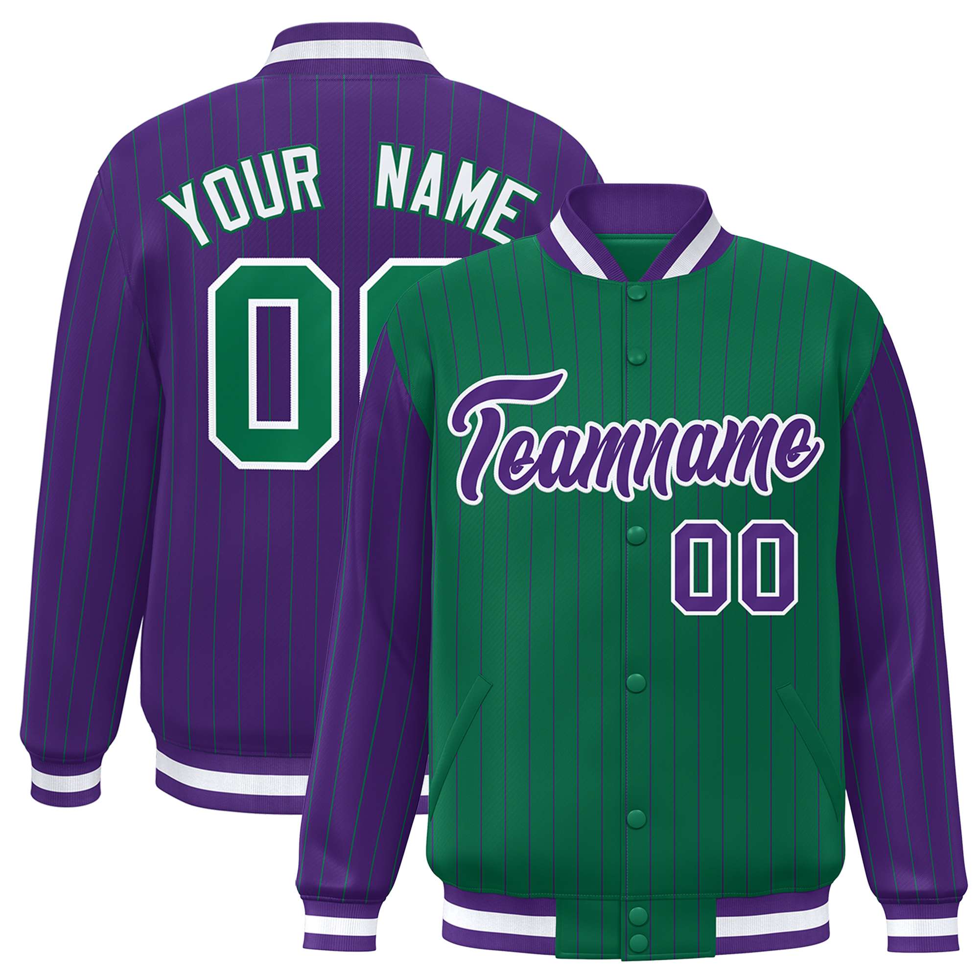 Custom Kelly Green Purple Raglan Sleeves Varsity Full-Snap Pinstripe Letterman Baseball Jacket