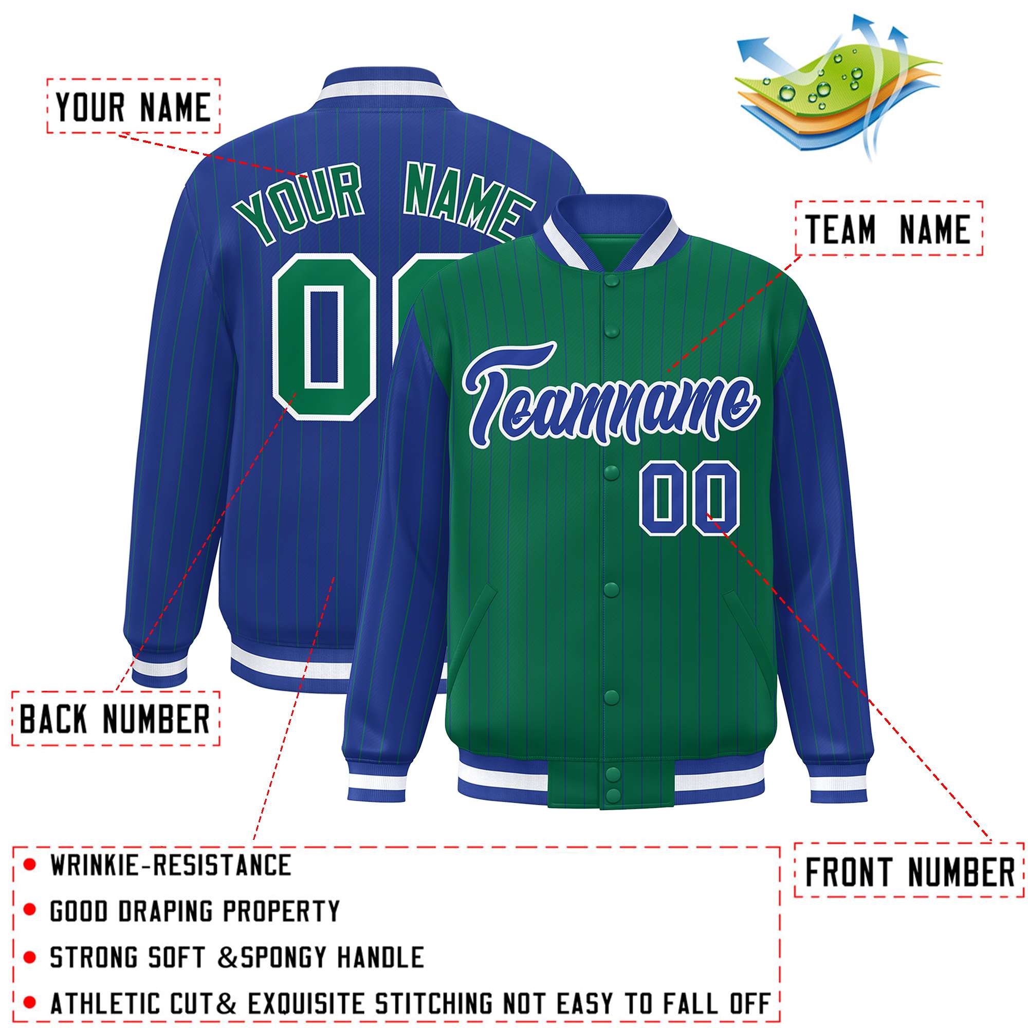 Custom Kelly Green Royal Raglan Sleeves Varsity Full-Snap Pinstripe Letterman Baseball Jacket