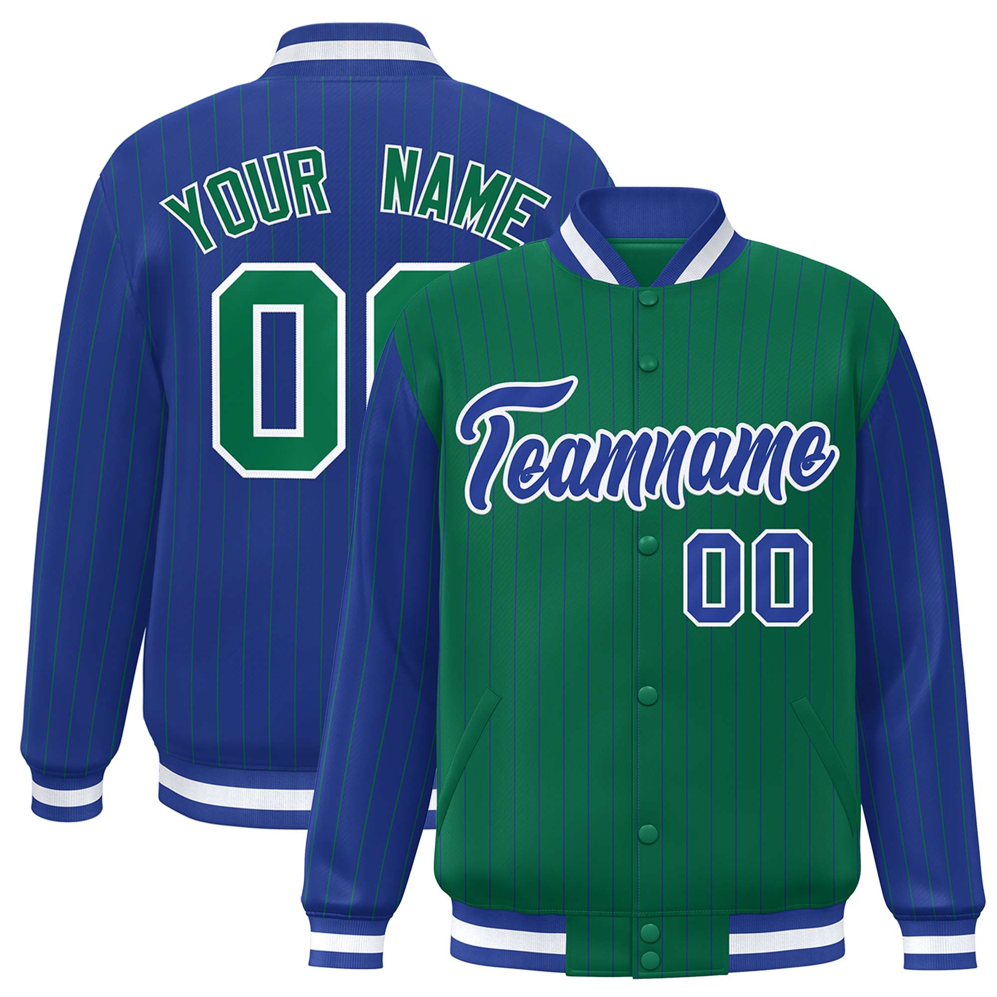 Custom Kelly Green Royal Raglan Sleeves Varsity Full-Snap Pinstripe Letterman Baseball Jacket