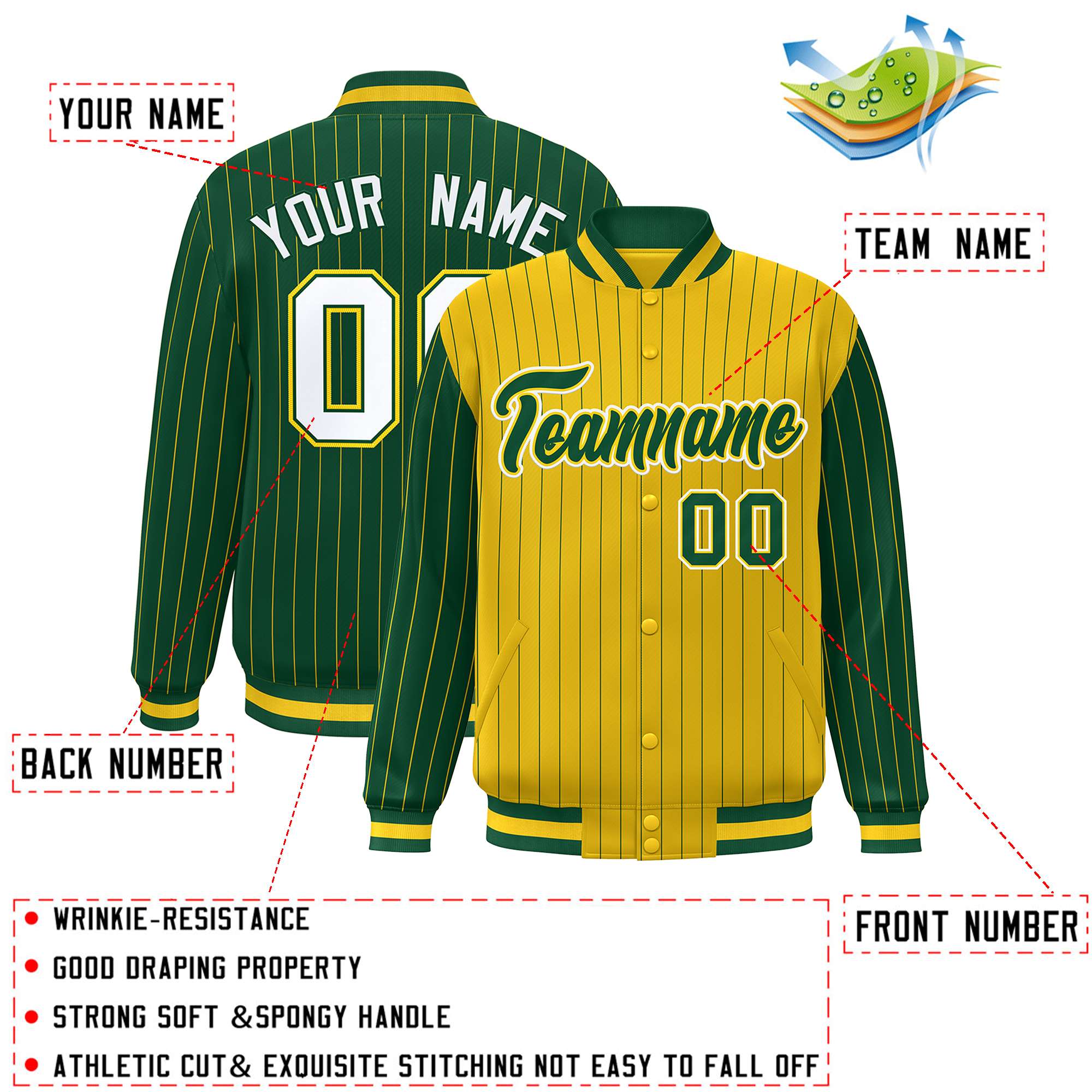 Custom Gold Green Raglan Sleeves Varsity Full-Snap Pinstripe Letterman Baseball Jacket