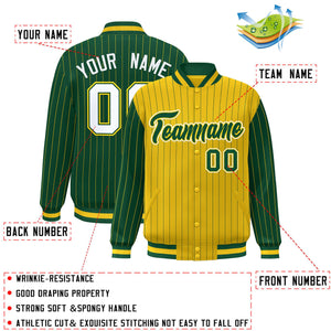 Custom Gold Green Raglan Sleeves Varsity Full-Snap Pinstripe Letterman Baseball Jacket