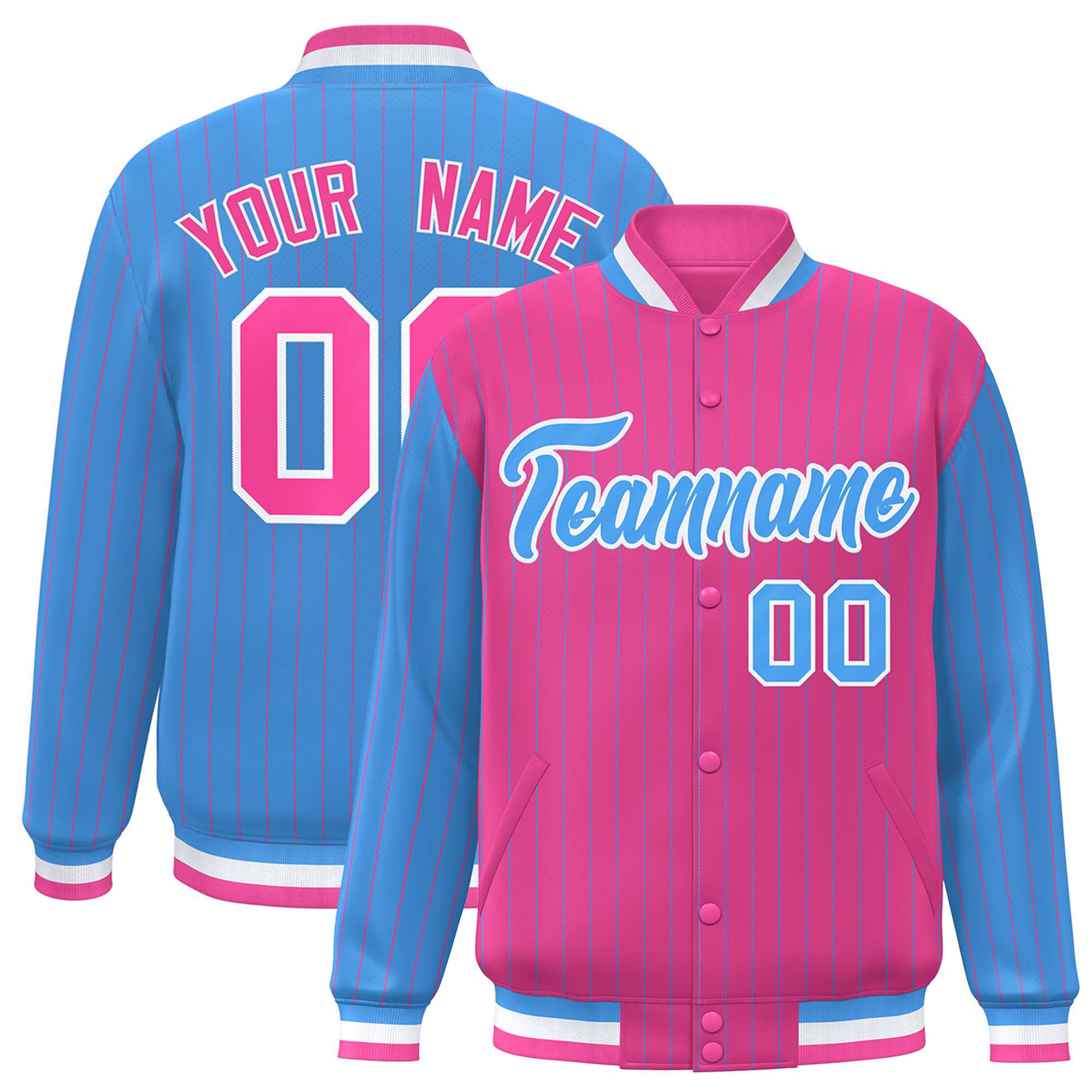 Custom Pink Powder Blue Raglan Sleeves Varsity Full-Snap Pinstripe Letterman Baseball Jacket