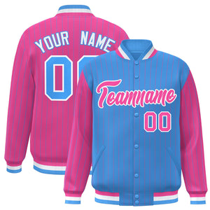 Custom Powder Blue Pink Raglan Sleeves Varsity Full-Snap Pinstripe Letterman Baseball Jacket