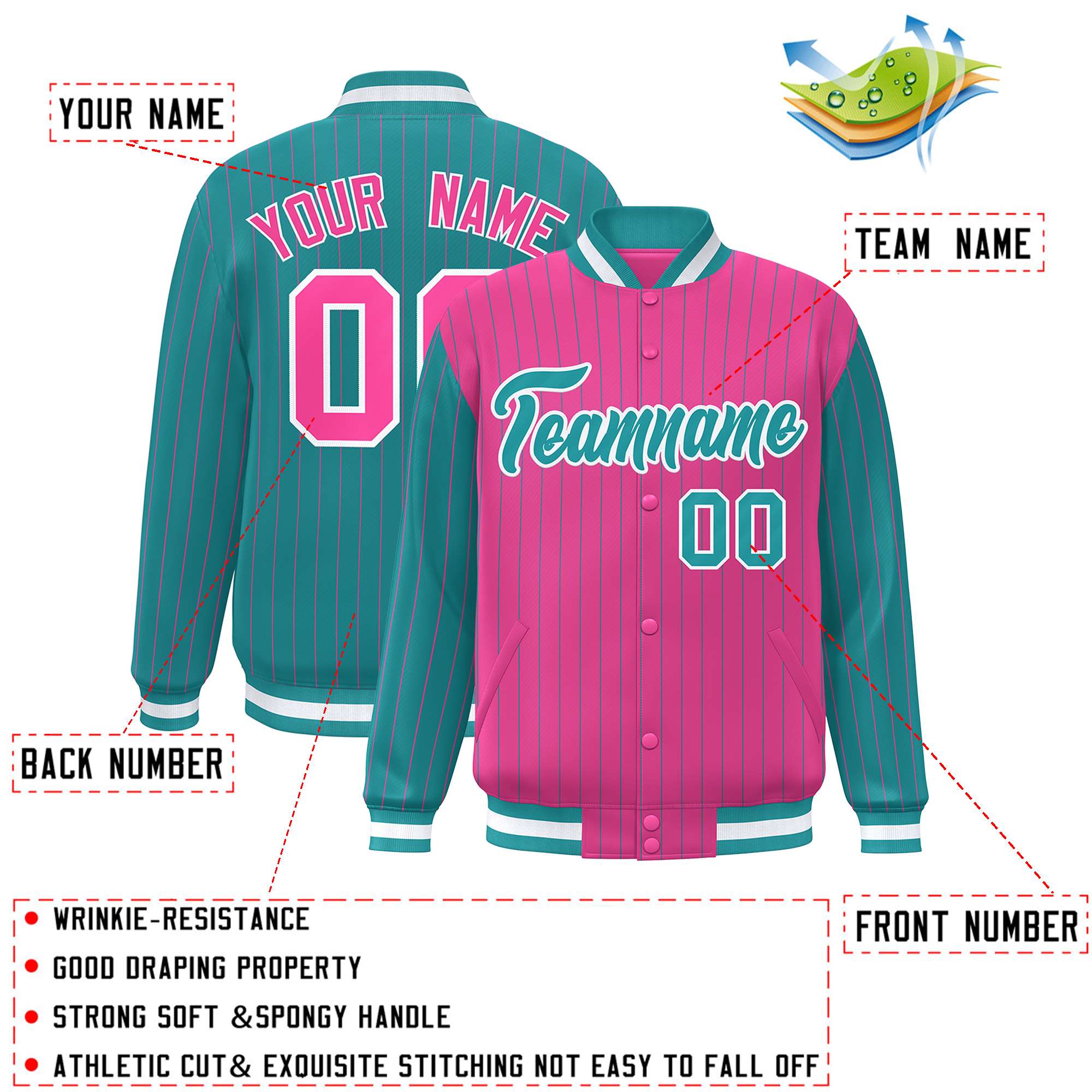 Custom Pink Aqua Raglan Sleeves Varsity Full-Snap Pinstripe Letterman Baseball Jacket