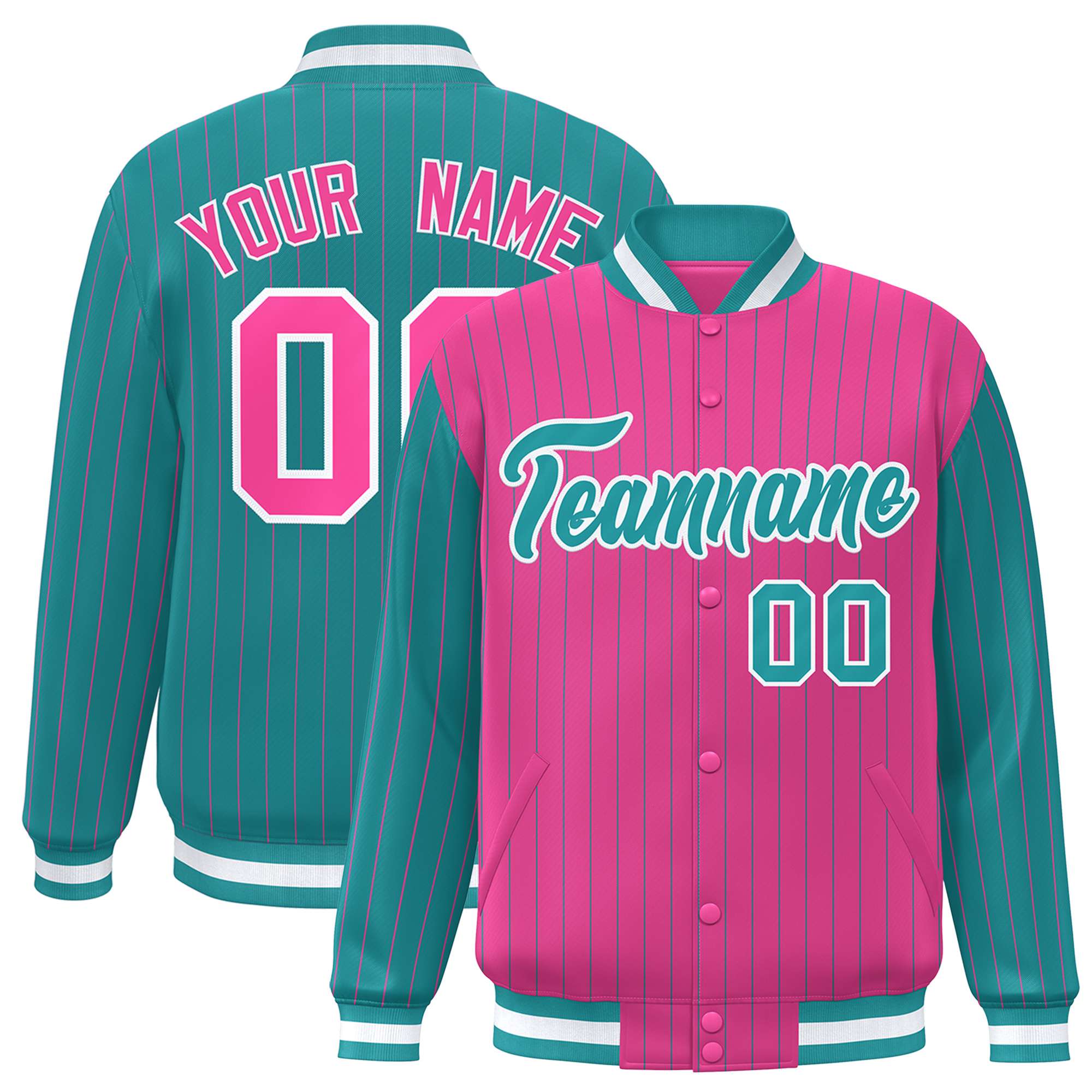 Custom Pink Aqua Raglan Sleeves Varsity Full-Snap Pinstripe Letterman Baseball Jacket