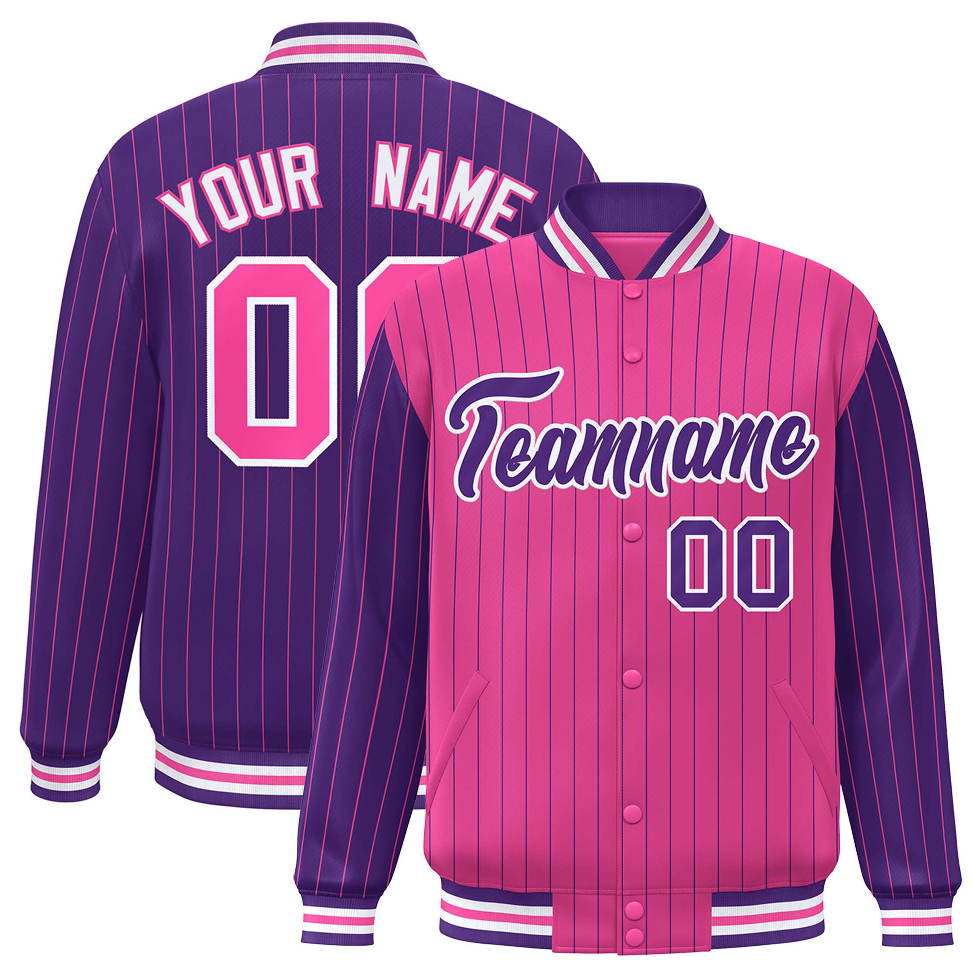 Custom Pink Purple Raglan Sleeves Varsity Full-Snap Pinstripe Letterman Baseball Jacket