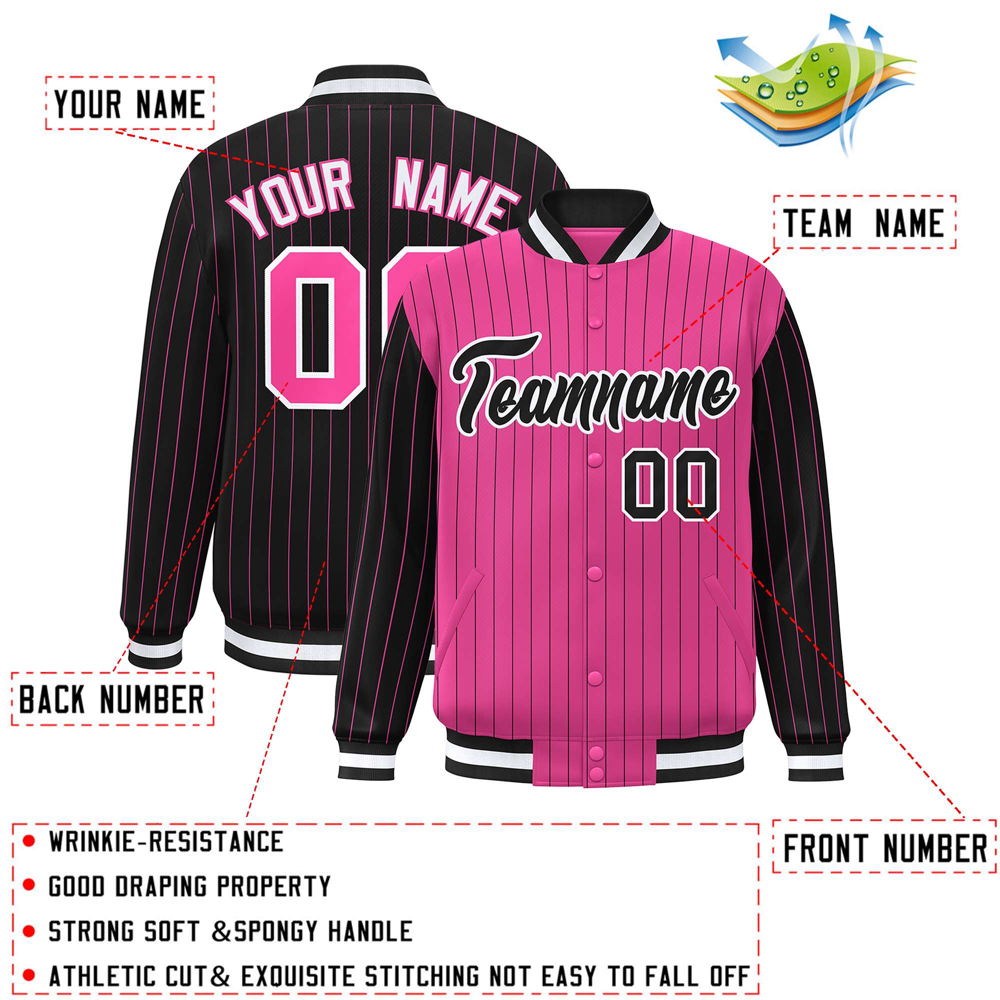 Custom Pink Black Raglan Sleeves Varsity Full-Snap Pinstripe Letterman Baseball Jacket