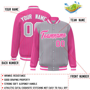 Custom Gray Pink Raglan Sleeves Varsity Full-Snap Pinstripe Letterman Baseball Jacket