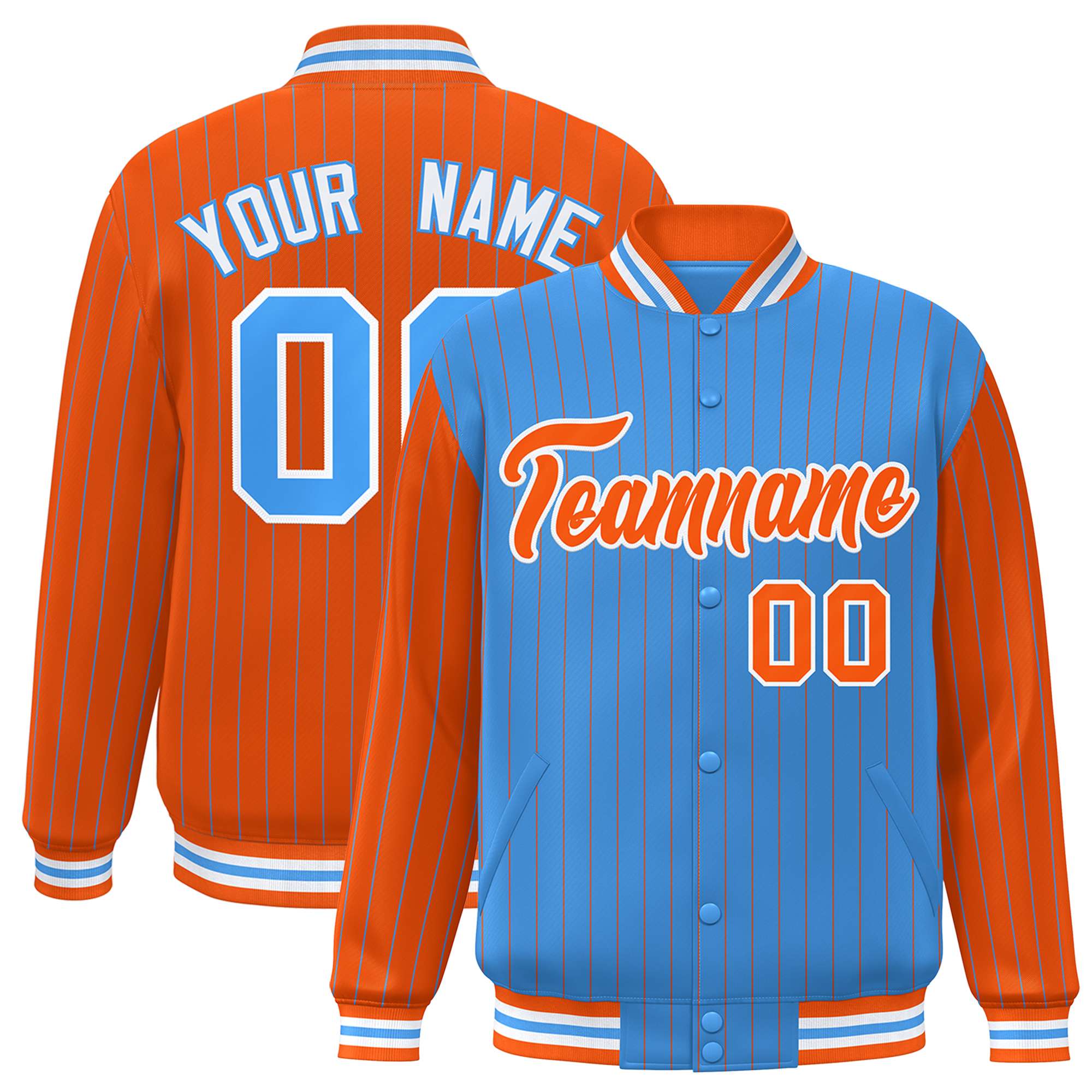 Custom Powder Blue Orange Raglan Sleeves Varsity Full-Snap Pinstripe Letterman Baseball Jacket