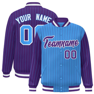 Custom Powder Blue Purple Raglan Sleeves Varsity Full-Snap Pinstripe Letterman Baseball Jacket