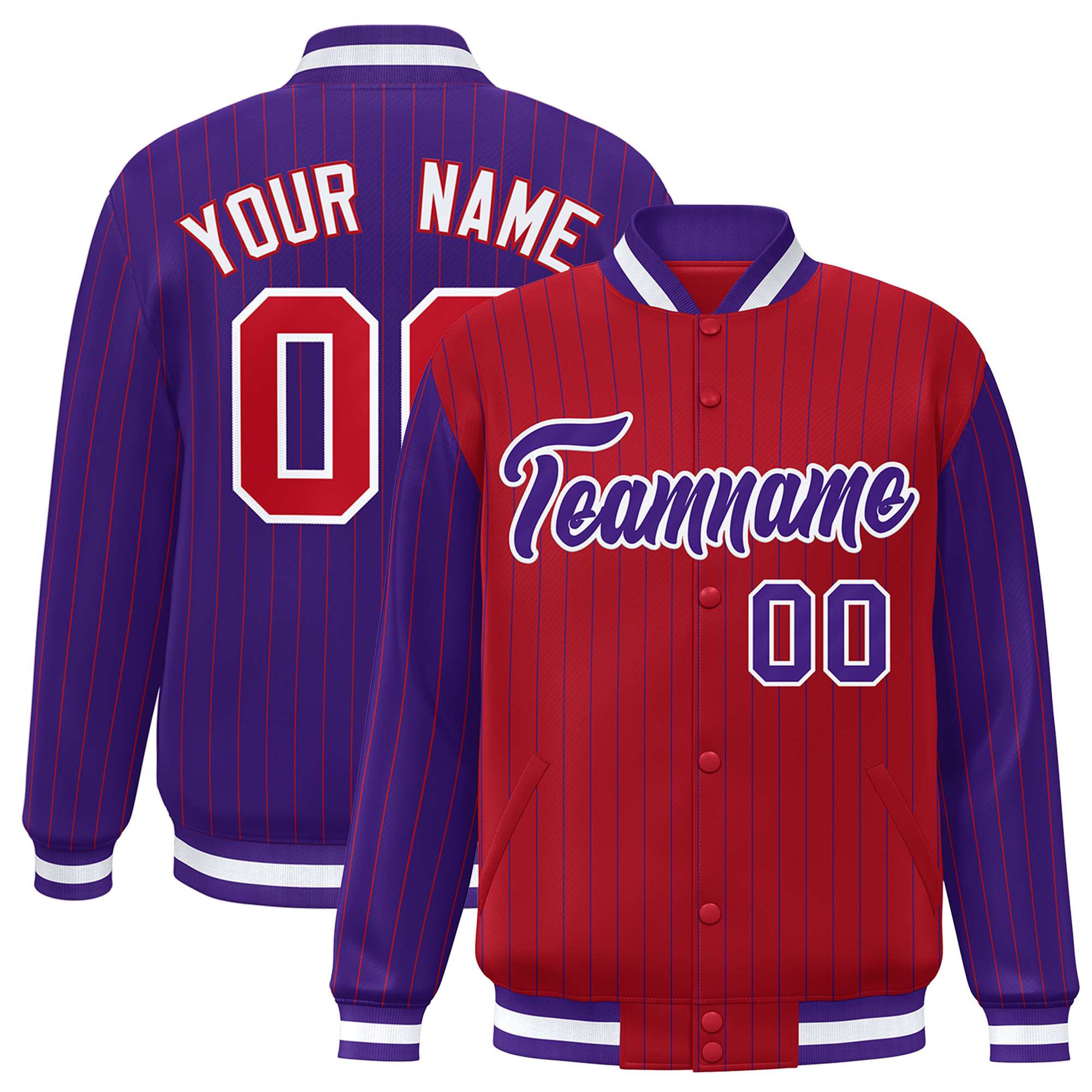 Custom Red Purple Raglan Sleeves Varsity Full-Snap Pinstripe Letterman Baseball Jacket