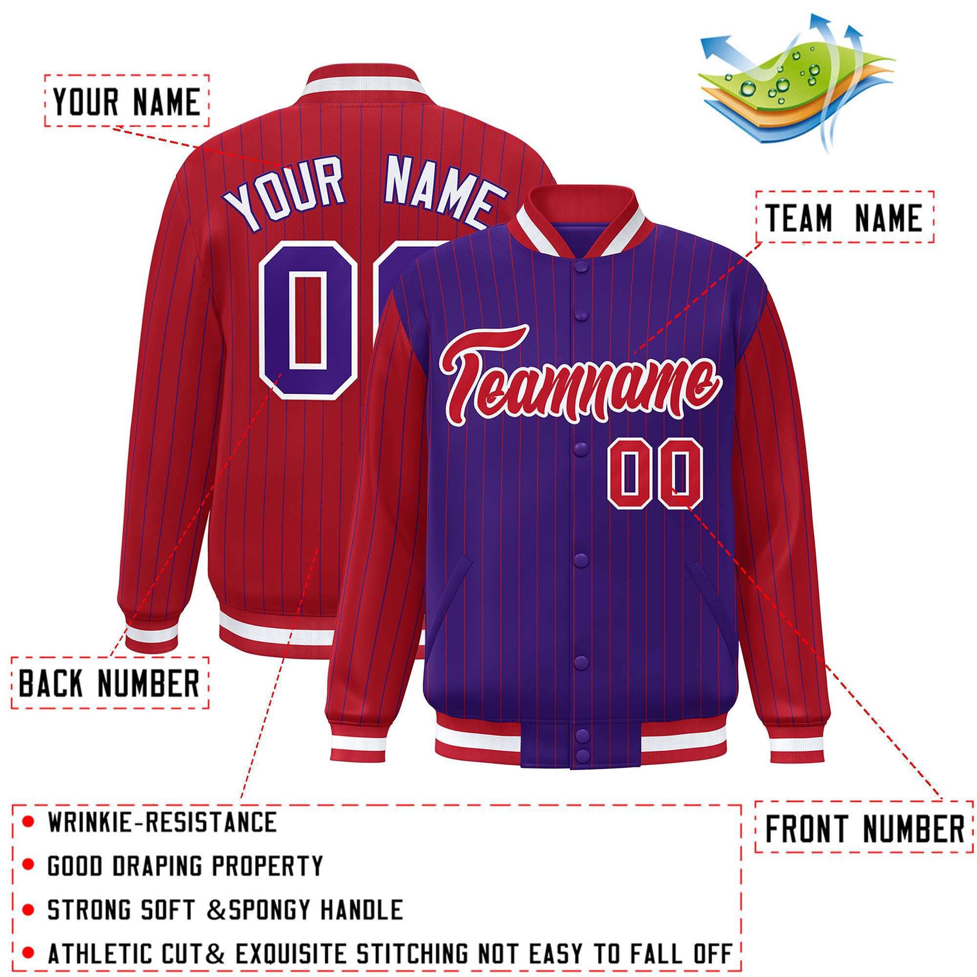 Custom Purple Red Raglan Sleeves Varsity Full-Snap Pinstripe Letterman Baseball Jacket